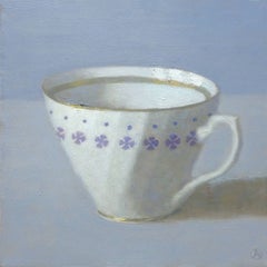 White Cup on Periwinkle, still life, white tea cup, white, gold, purple