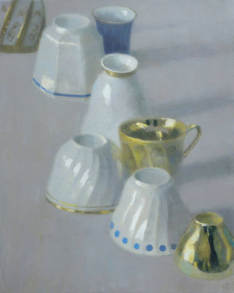 Olga Antonova Still-Life Painting - UPSIDE DOWN, still life of cups on table, upright and upside down, porcelain