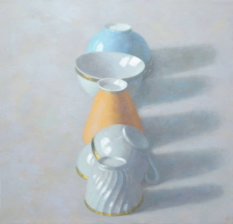 Olga Antonova Still-Life Painting - LINE OF CUPS, still life, teacups on table, muted colors, orange