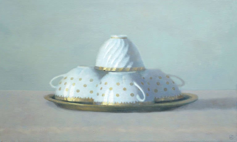 Olga Antonova Still-Life Painting - FOUR WHITE AND GOLD TEACUPS, cups stacked on gold plate, still-life, porcelain