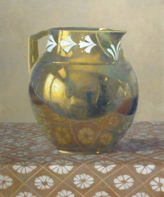 GOLD WATER PITCHER, reflection in pitcher, still-life, gold, cloth with pattern