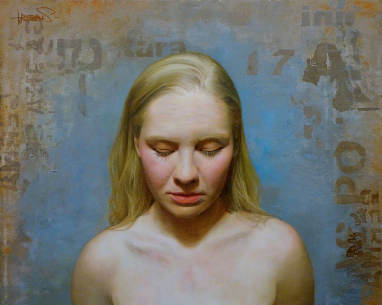 David Kassan Figurative Painting - AUDREY, nude portrait, blond hair, rosey cheeks, blue, brown