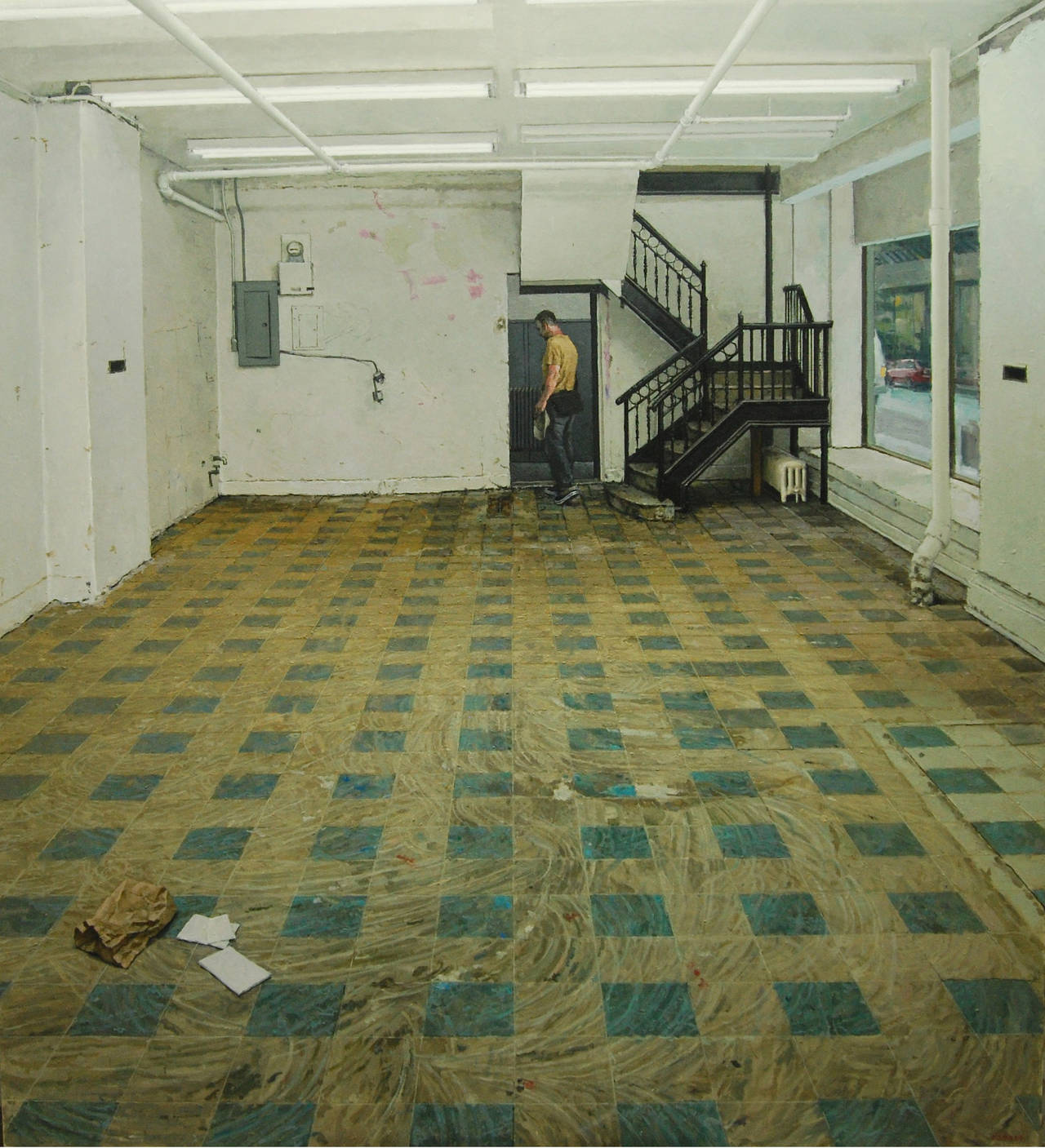 Richard Combes Interior Painting – SPACE FOR RENT – Realismus / Empty Room mit Kachelböden und weißen Wänden