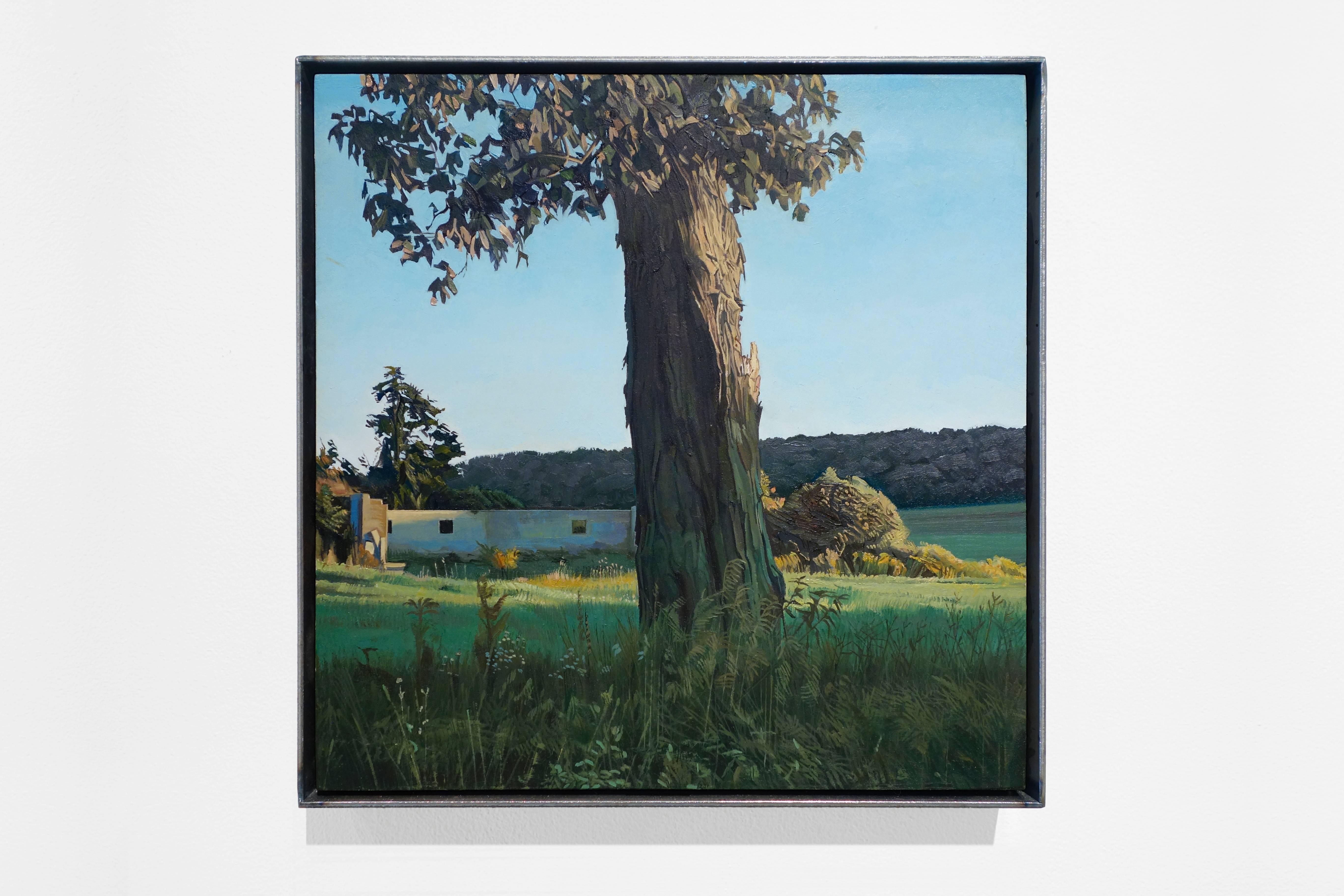 TREES ON A LINE #100, photo-realism, tree in the country, shadows, green - Painting by Trey Friedman