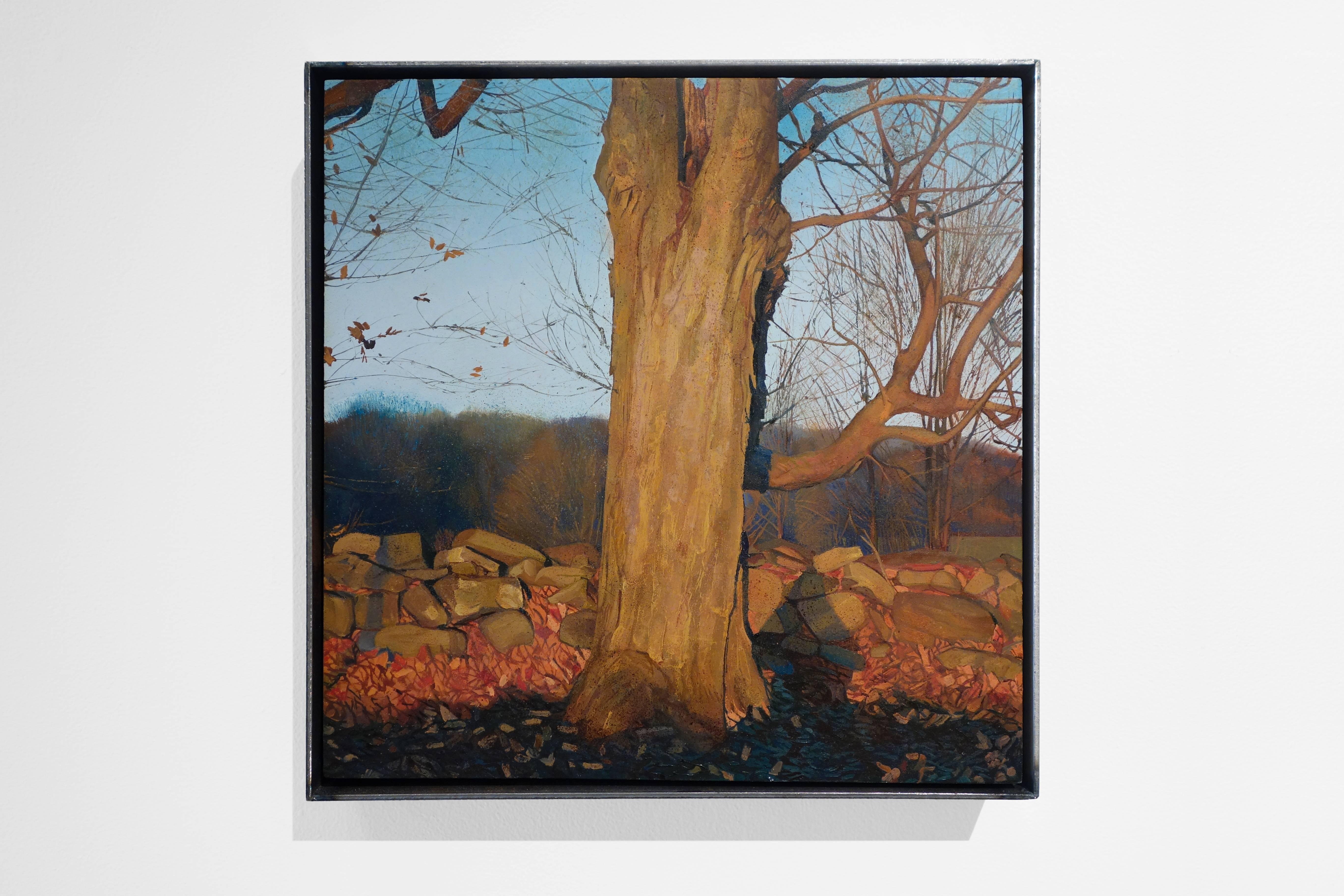 TREES ON A LINE #140, tree against stone wall, country, winter time - Painting by Trey Friedman