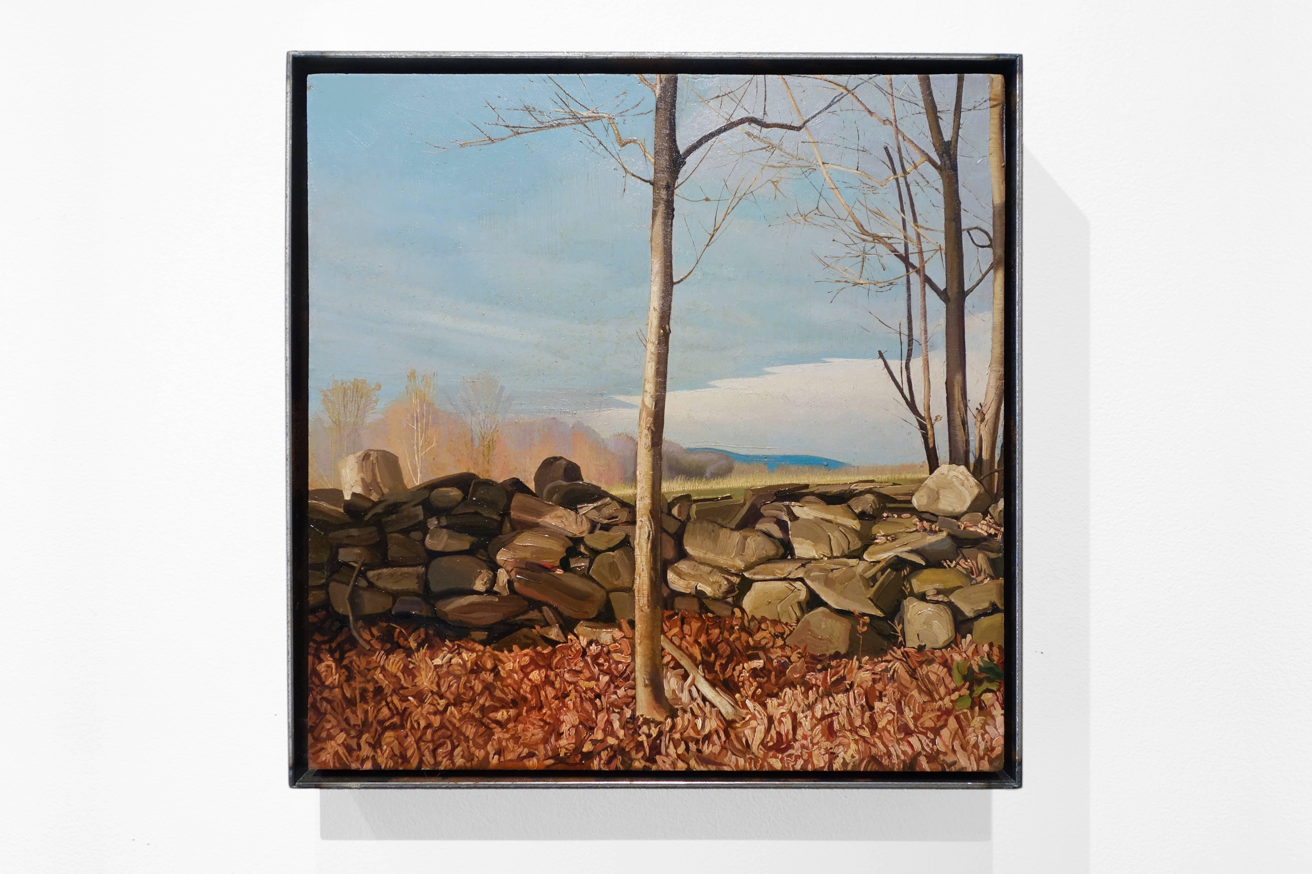 TREES ON A LINE #23, hyper-realism, stone wall, farmland, dusk lighting - Painting by Trey Friedman