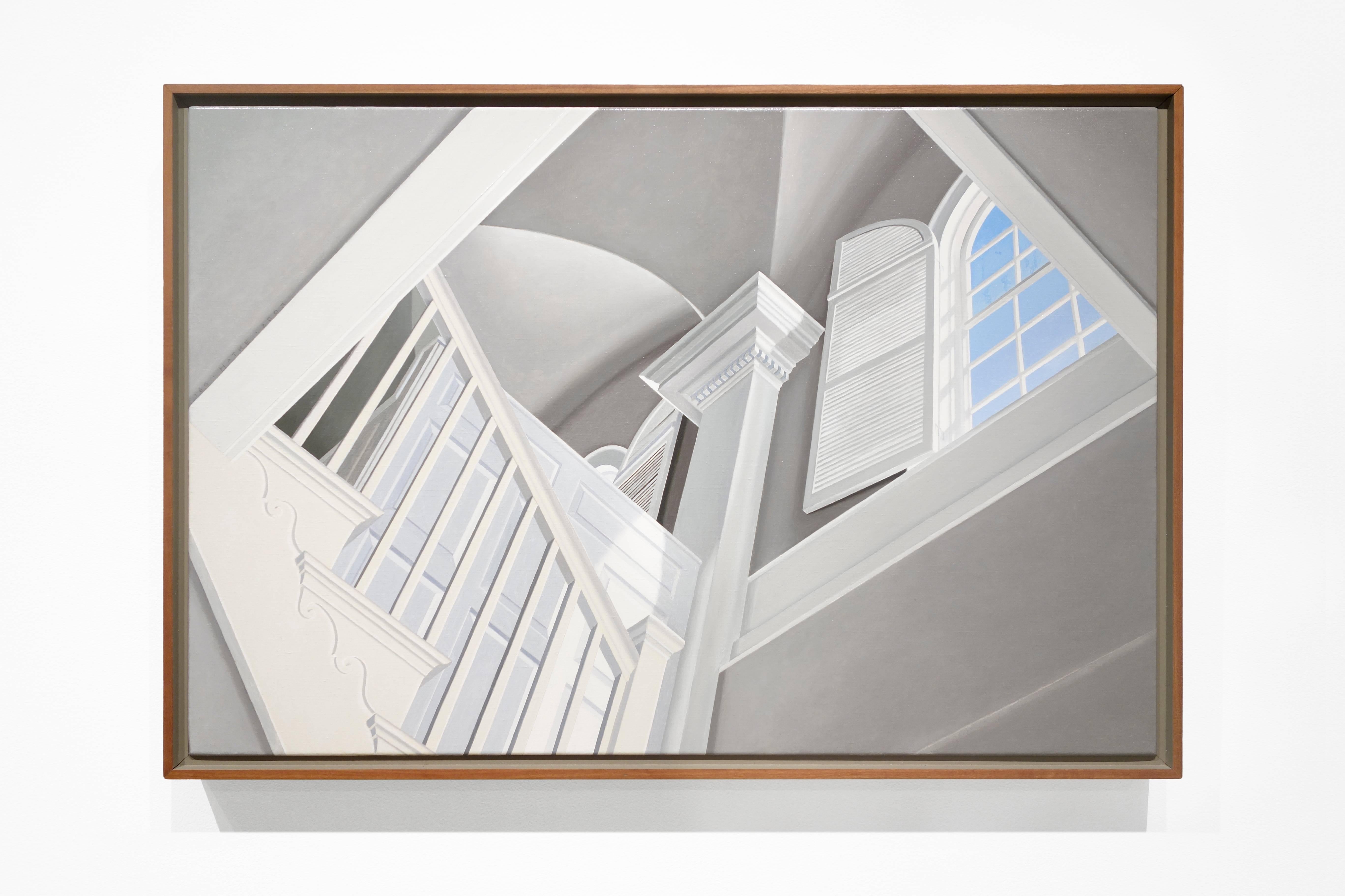 STEPS, photo-realistic, white ceiling, blue sky out of window, inside house - Painting by Walter Hatke