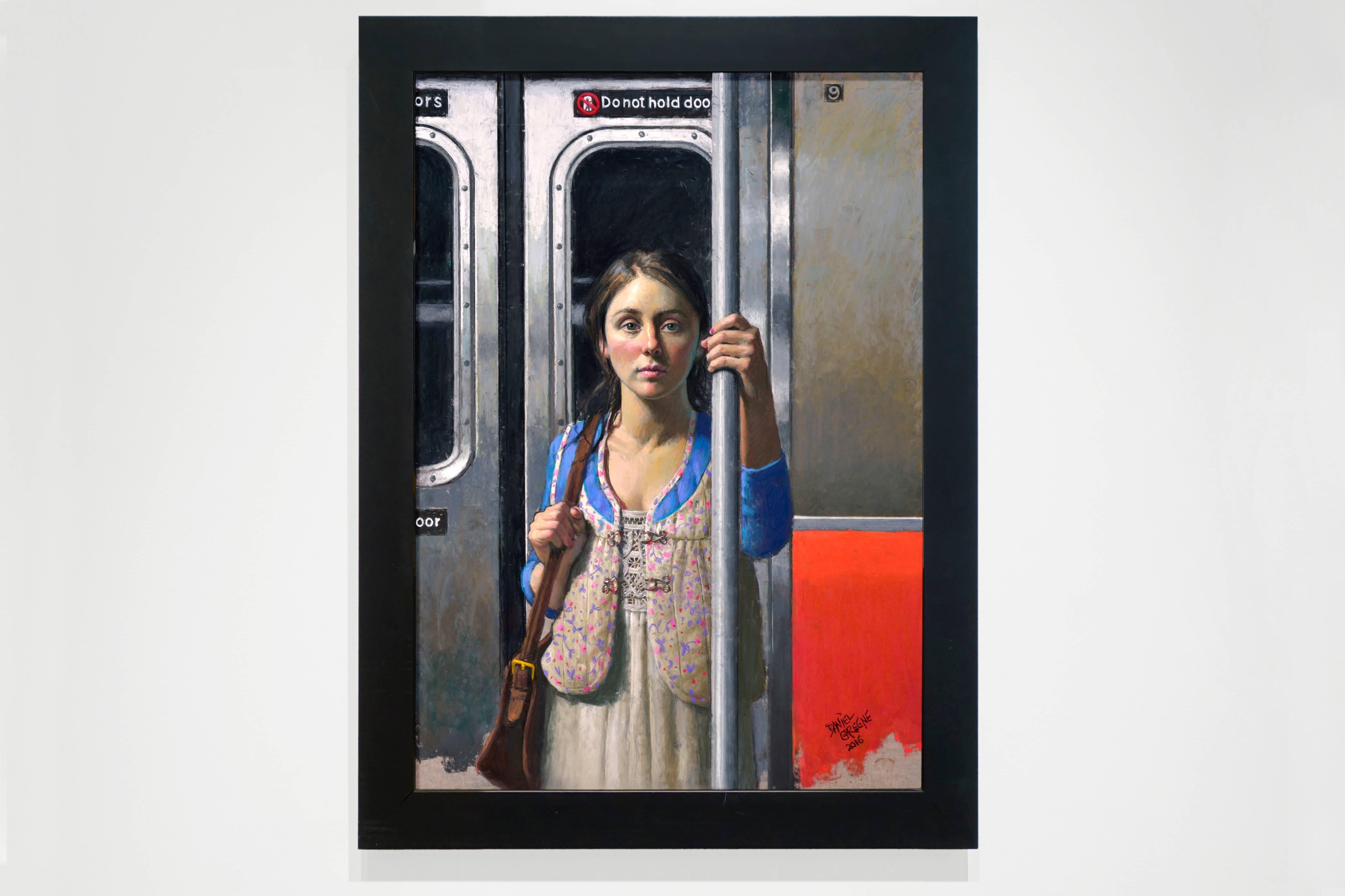 SOPHIE IN TRANSIT, photo-realism, portrait, nyc subway, woman on train, blue - Painting by Daniel Greene