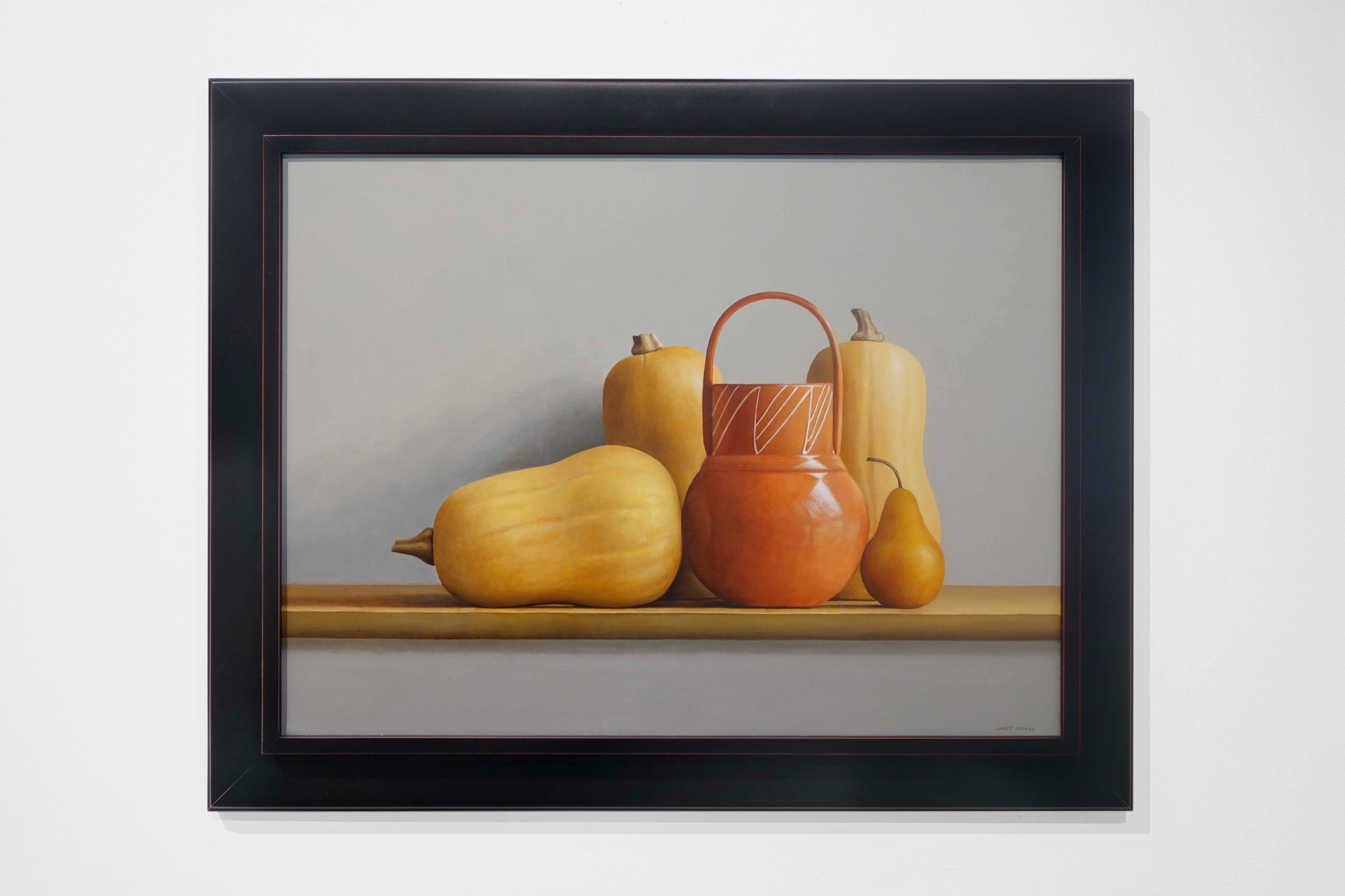 MADE IN MEXICO, yellow, orange, clay pot, vegetables, still-life - Painting by Janet Rickus