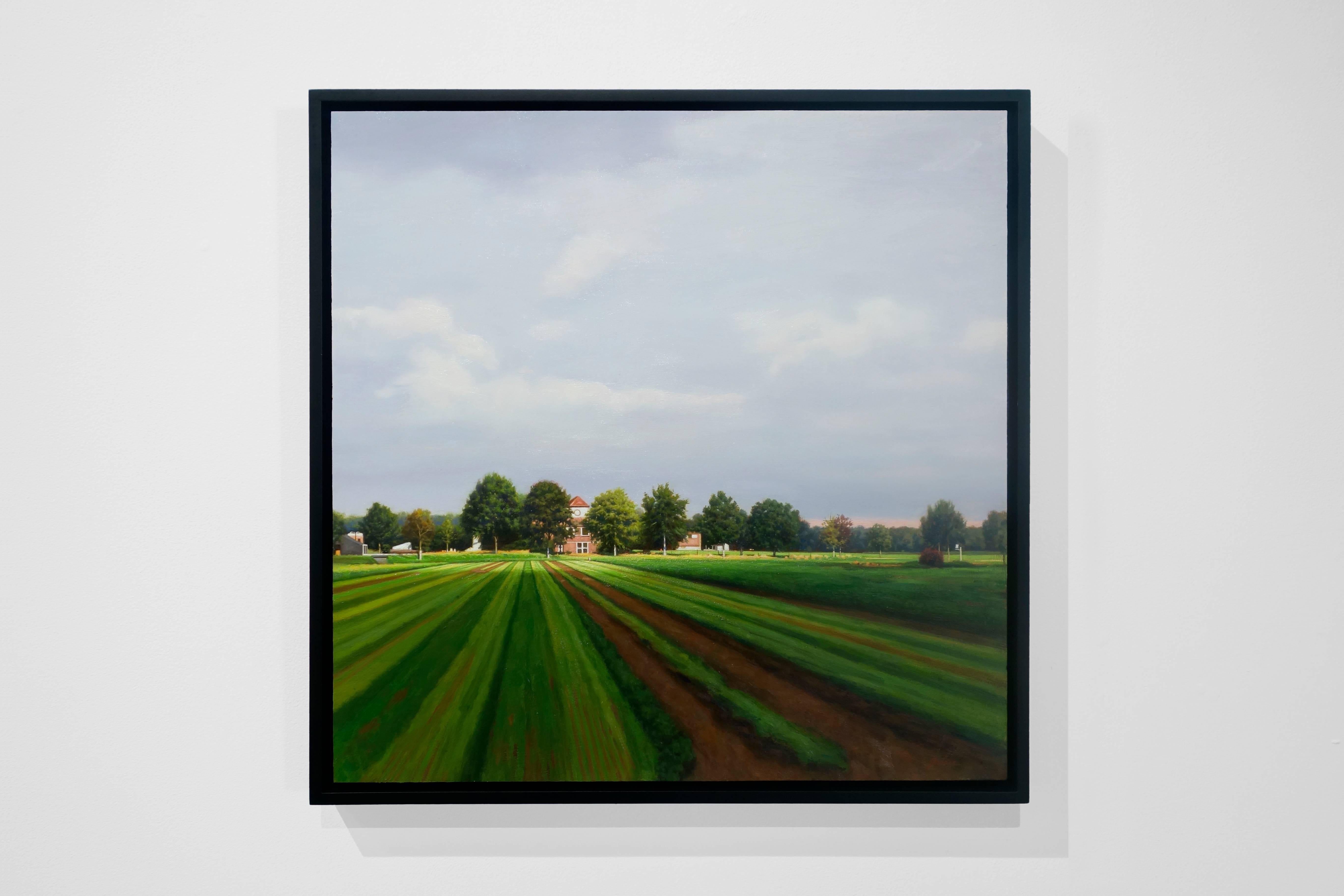 DUTCH STRIPES, hyper-realistic landscape, bright green, open field, cloudy skies - Painting by Gary Godbee