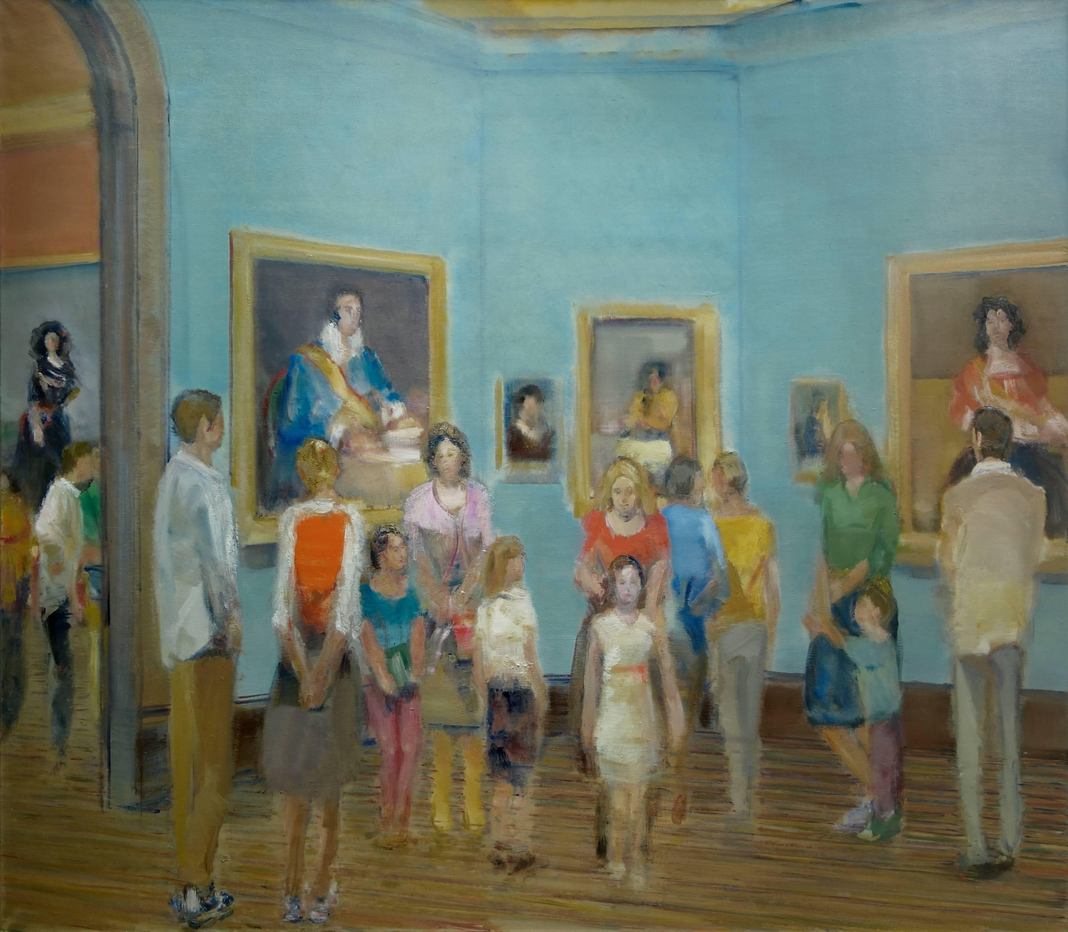 Simon Nicholas Figurative Painting - PRADO II, people standing in gallery, blue walls, paintings on wall