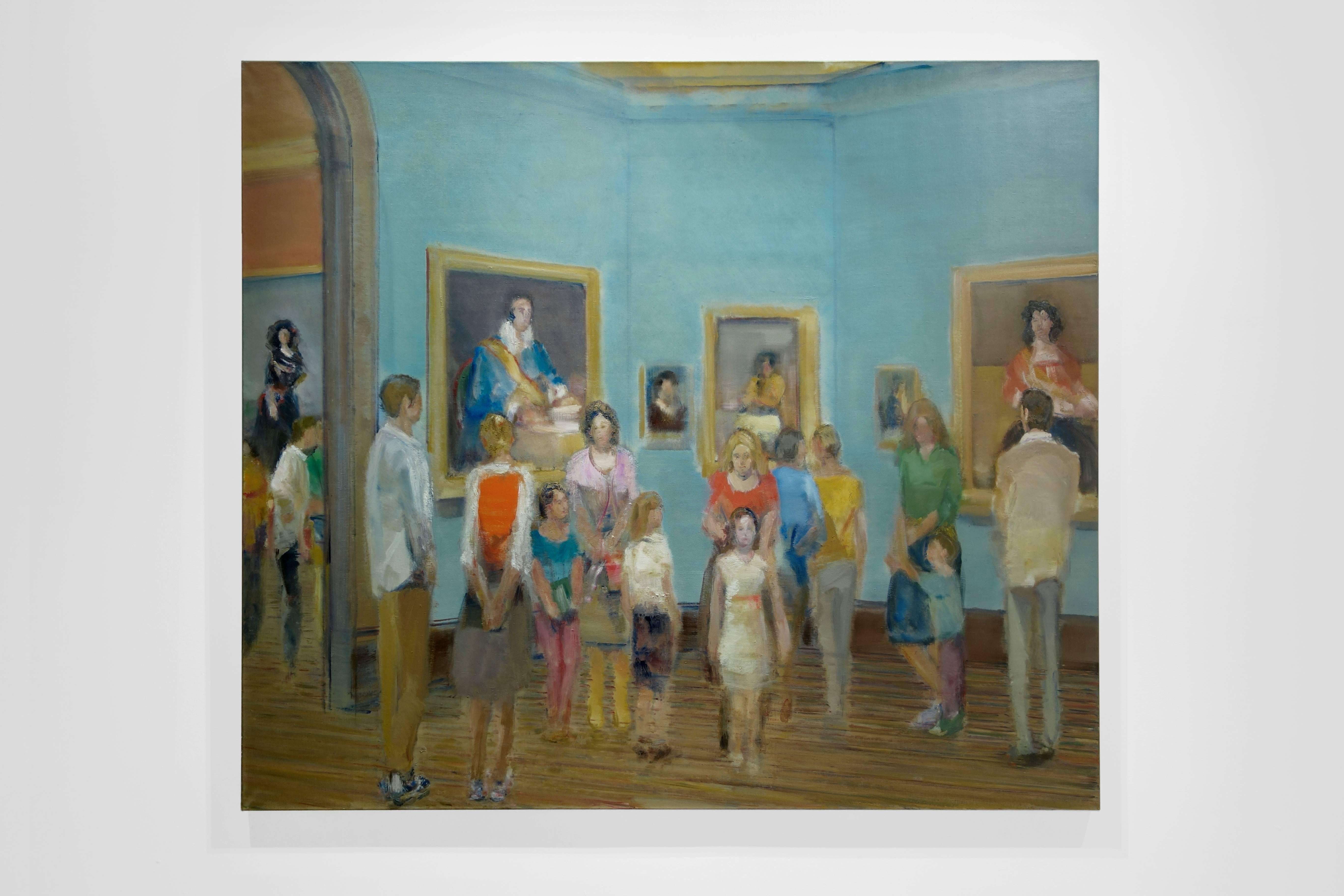 PRADO II, people standing in gallery, blue walls, paintings on wall - Painting by Simon Nicholas