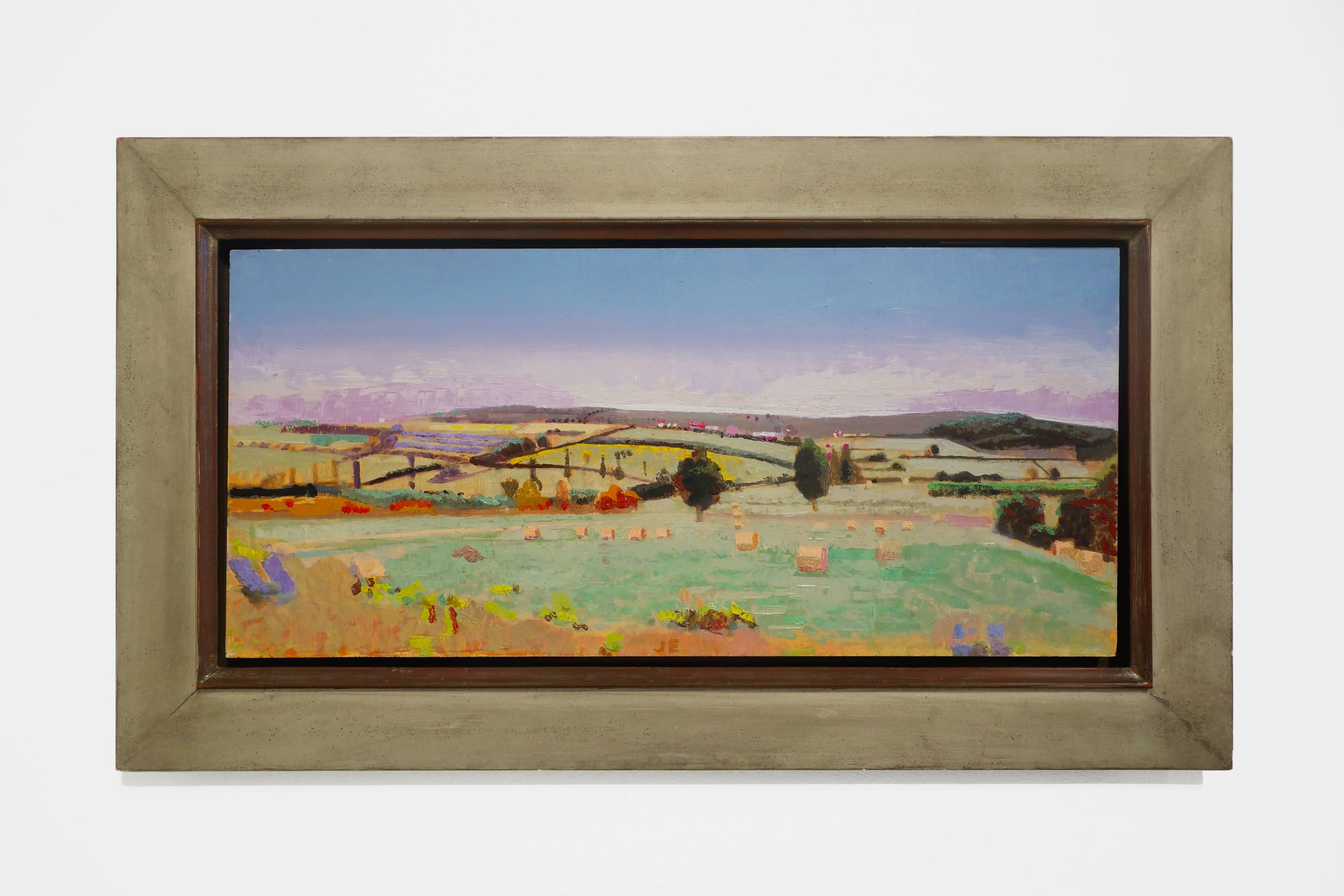 FIELD IN BURGUNDY - Paysage / Scène de ferme / vert, bleu, jaune - Painting de John Evans