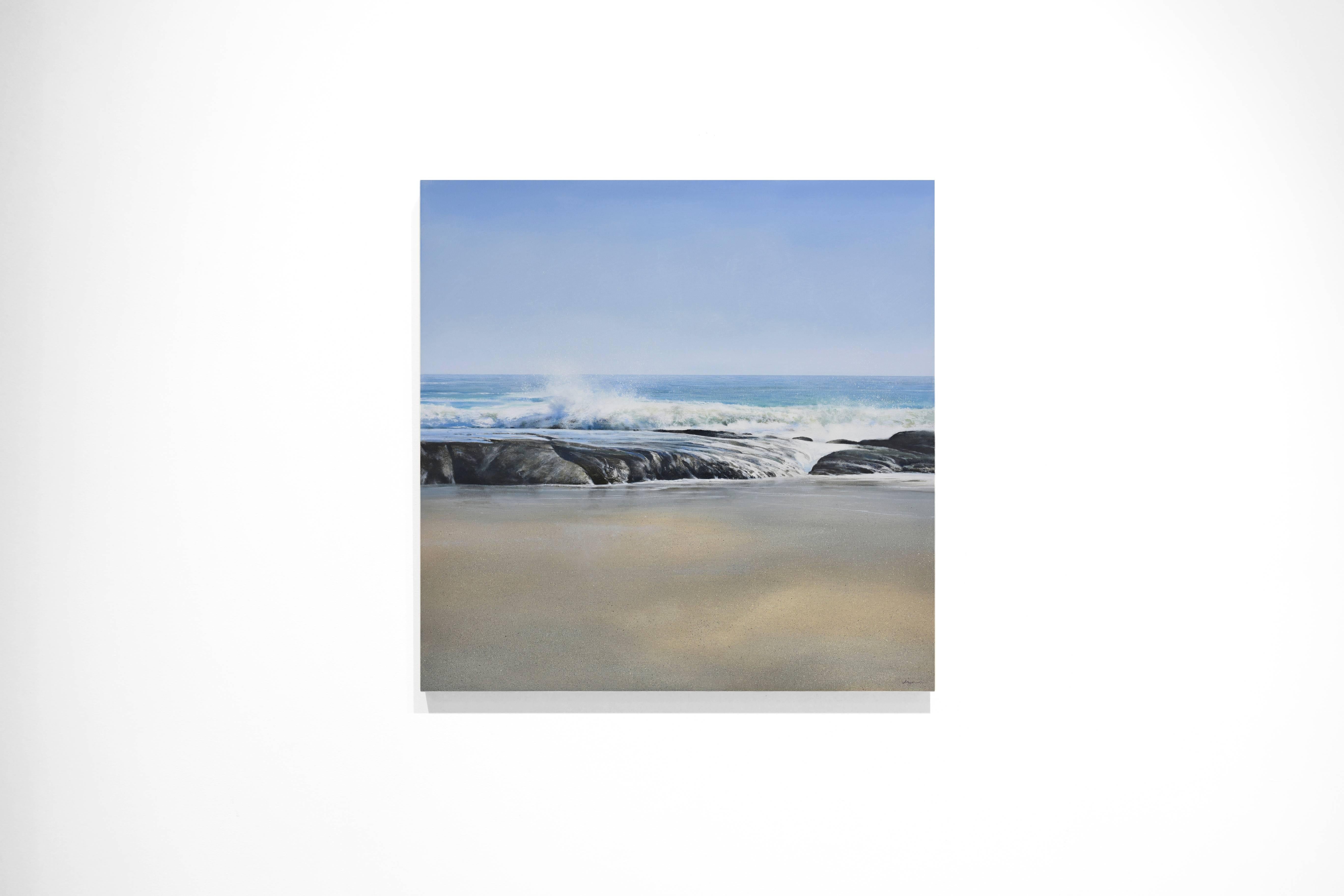 HANA SURF, photo-realistic waterscape, wave hitting the beach, blue, white, sand - Painting by Todd Kenyon