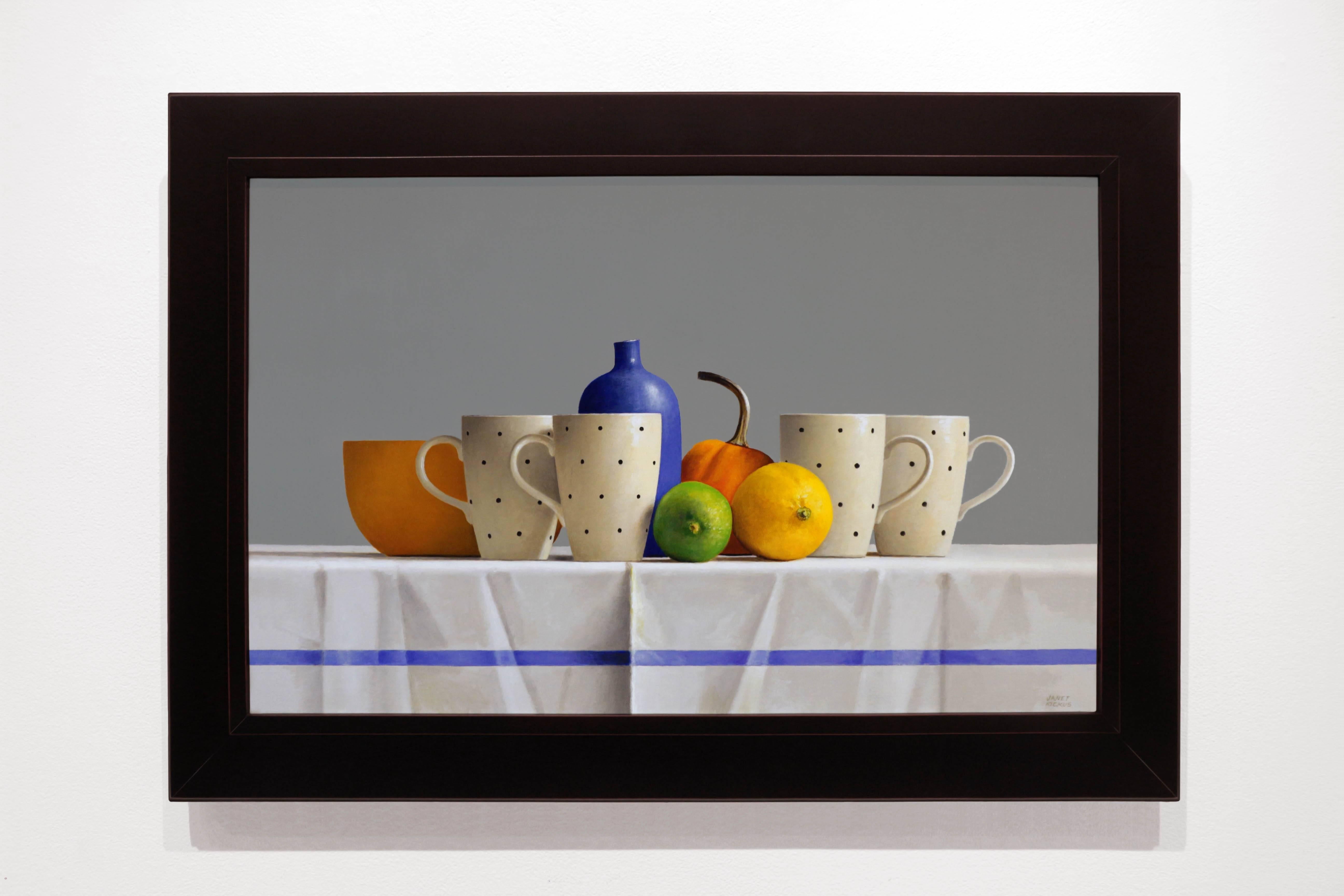 FOUR POLKA DOT CUPS, FRUIT, CUPS ON TABLE, BLUE, YELLOW, WHITE, PORCELAIN  - Painting by Janet Rickus
