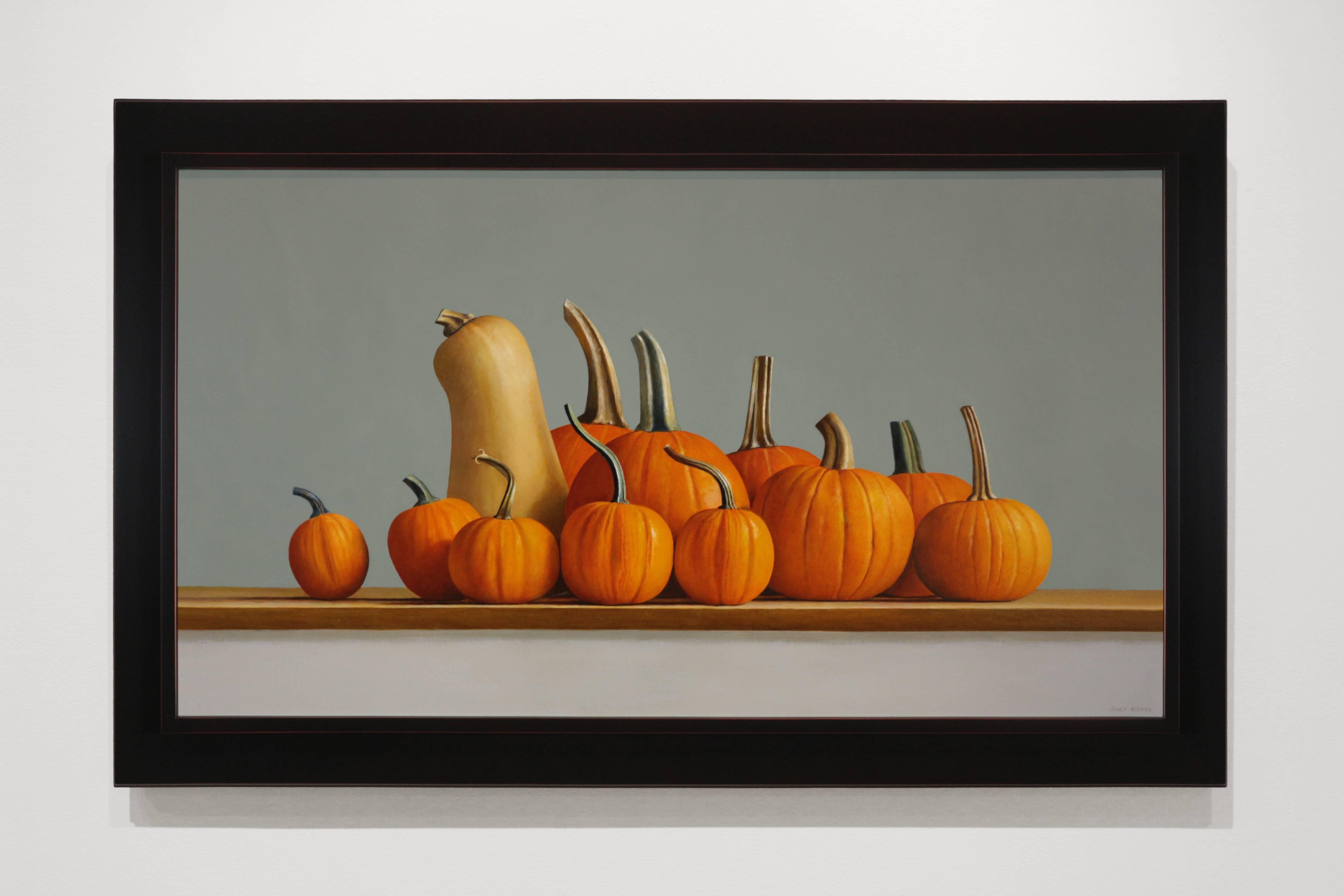 SQUASH AND PUMPKINS, photo-realism, still life, fruits and vegetables, orange - Painting by Janet Rickus