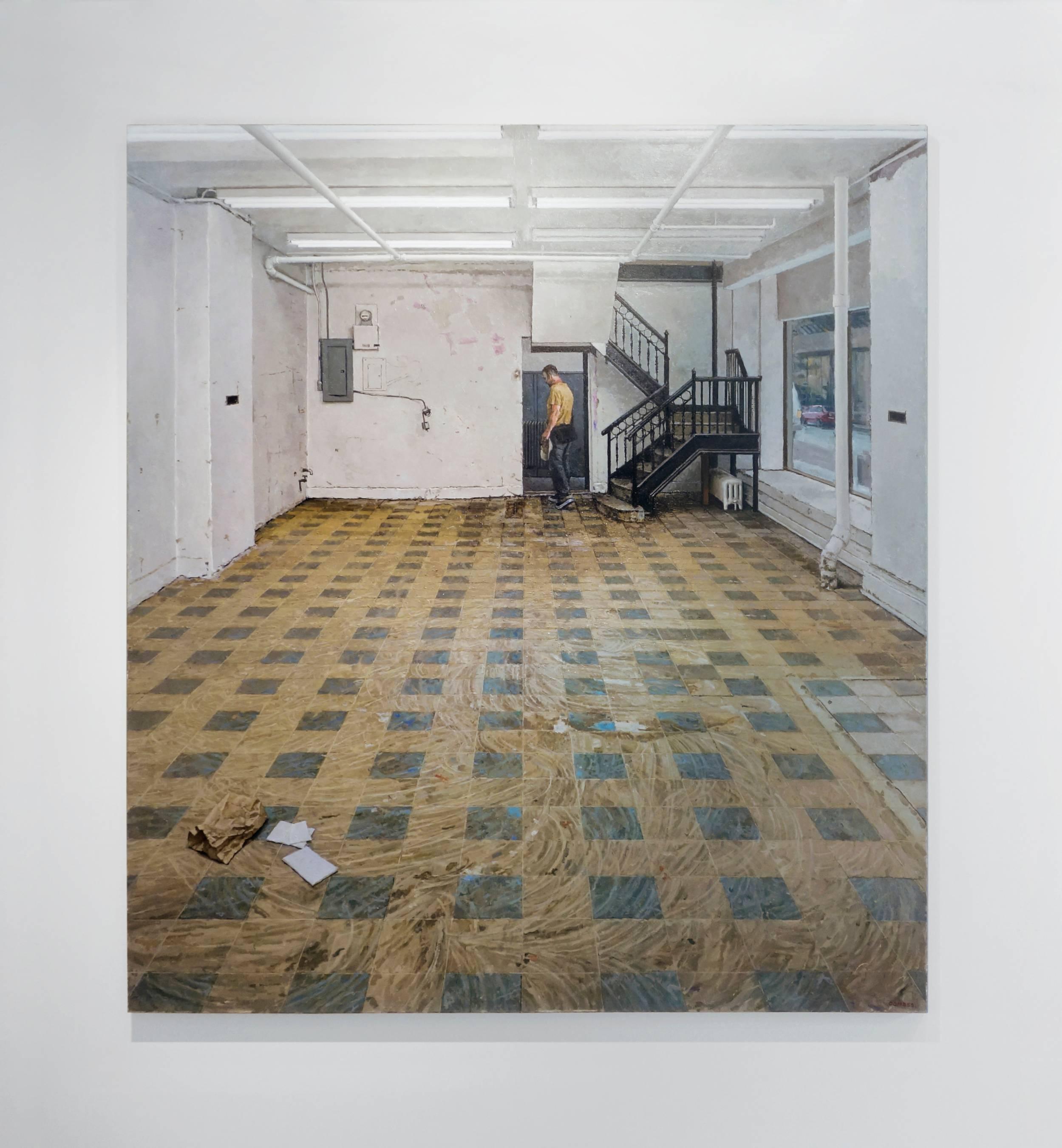 SPACE FOR RENT - Realism / Empty Room with tiled floors and white walls - Painting by Richard Combes