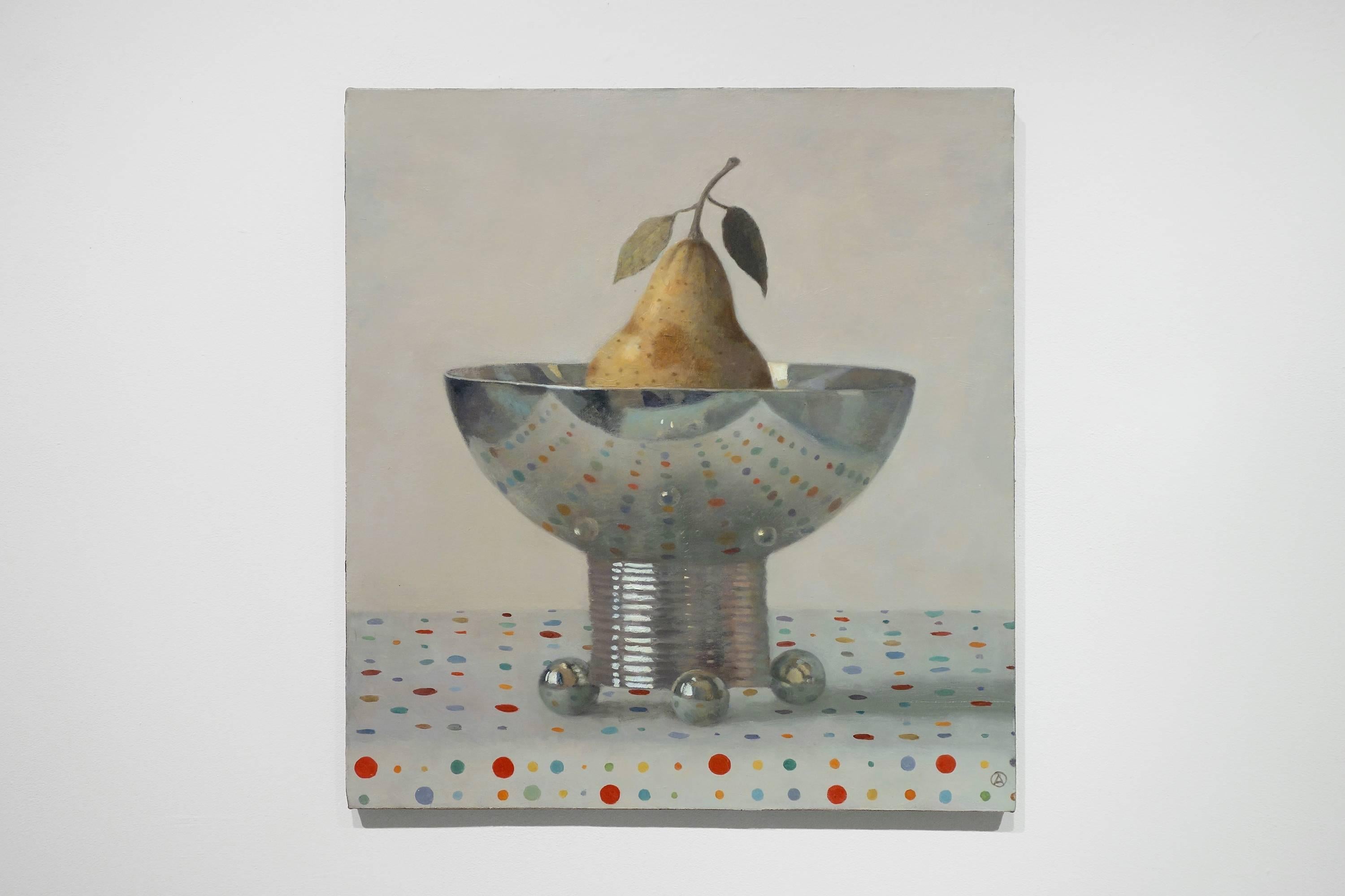 Pear in Silver Bowl - Painting by Olga Antonova