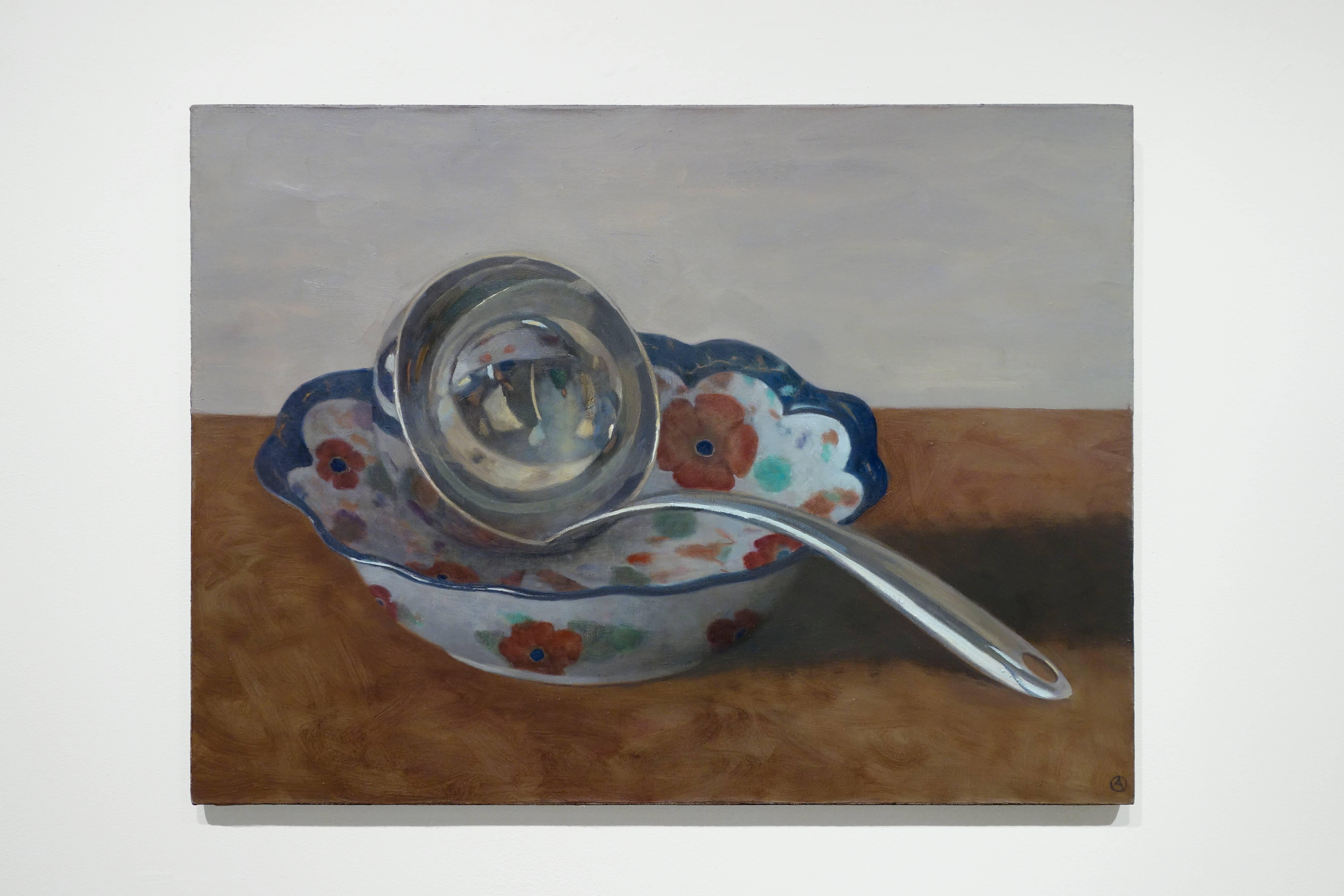 LADLE IN FLORAL BOWL, brown table, bowl with floral design, still life - Painting by Olga Antonova
