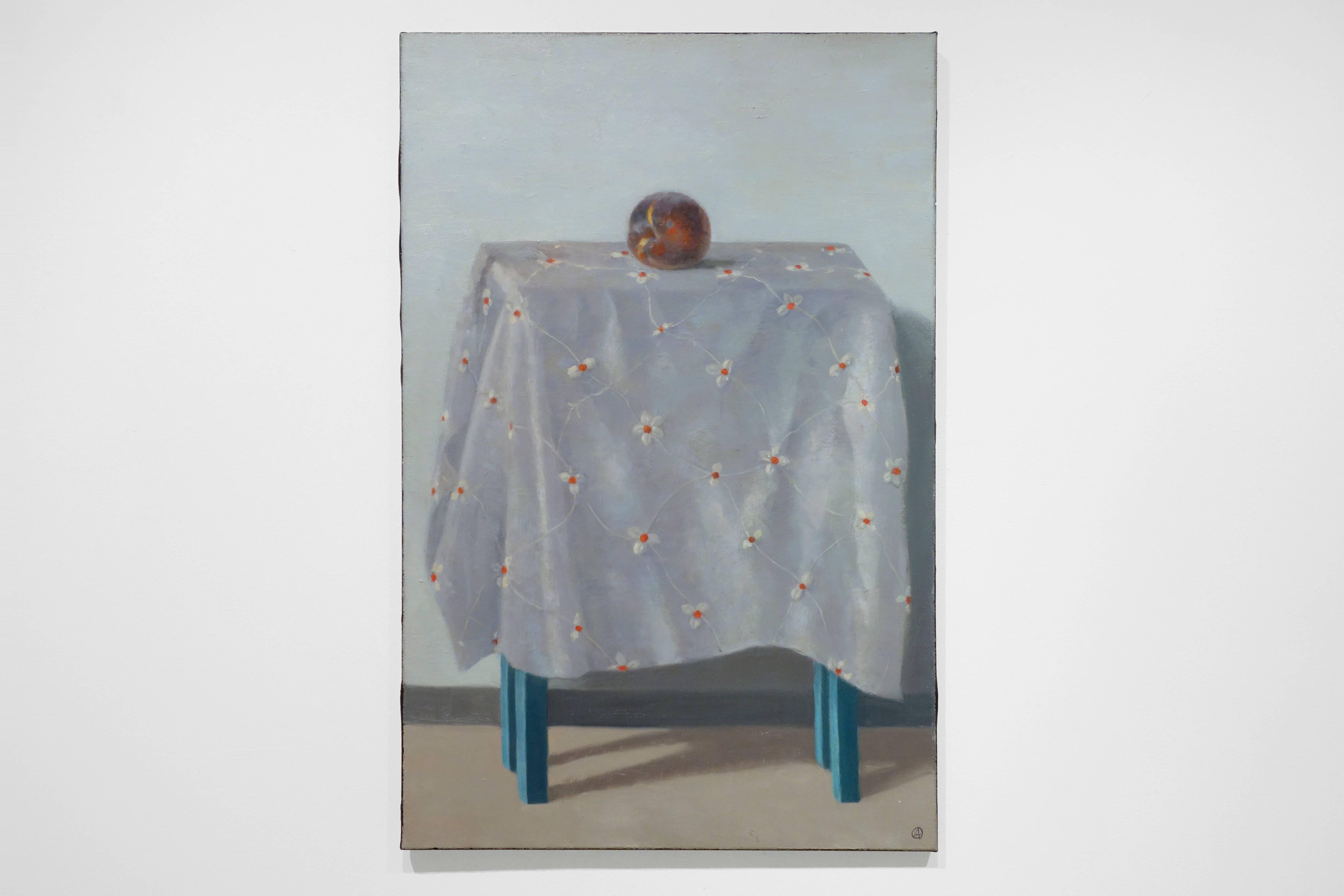 PEACH ON TABLE, figurative still life, peach, table with blue legs, flower cloth - Painting by Olga Antonova