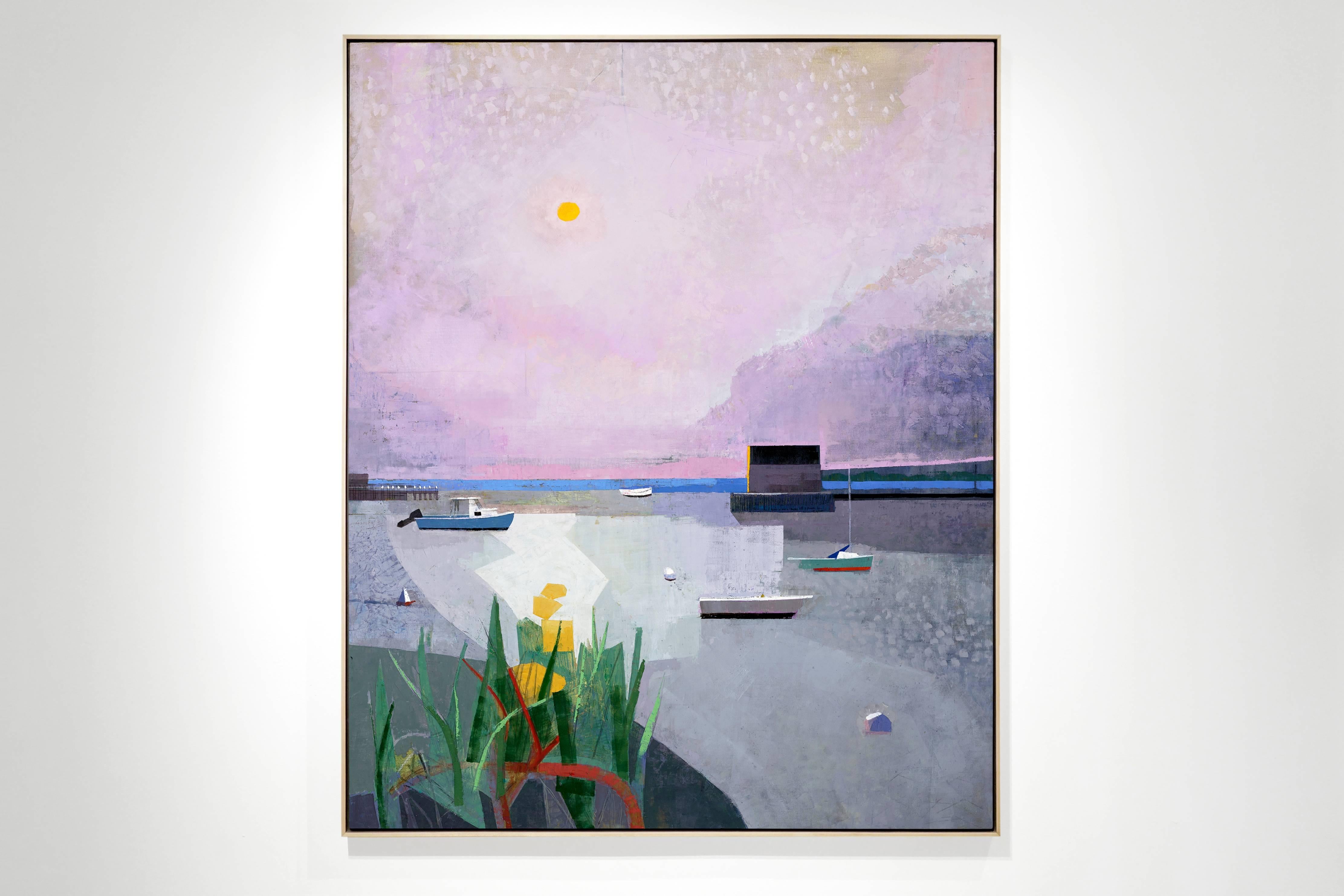 FINALLY, figurative landscape, boats on water, pink sky, blue, grey, green - Painting by John Evans