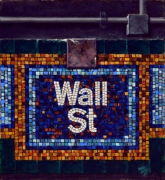 WALL ST. MOSAIC, nyc subway stop, old sign, mosaic tiles, blue, orange, white