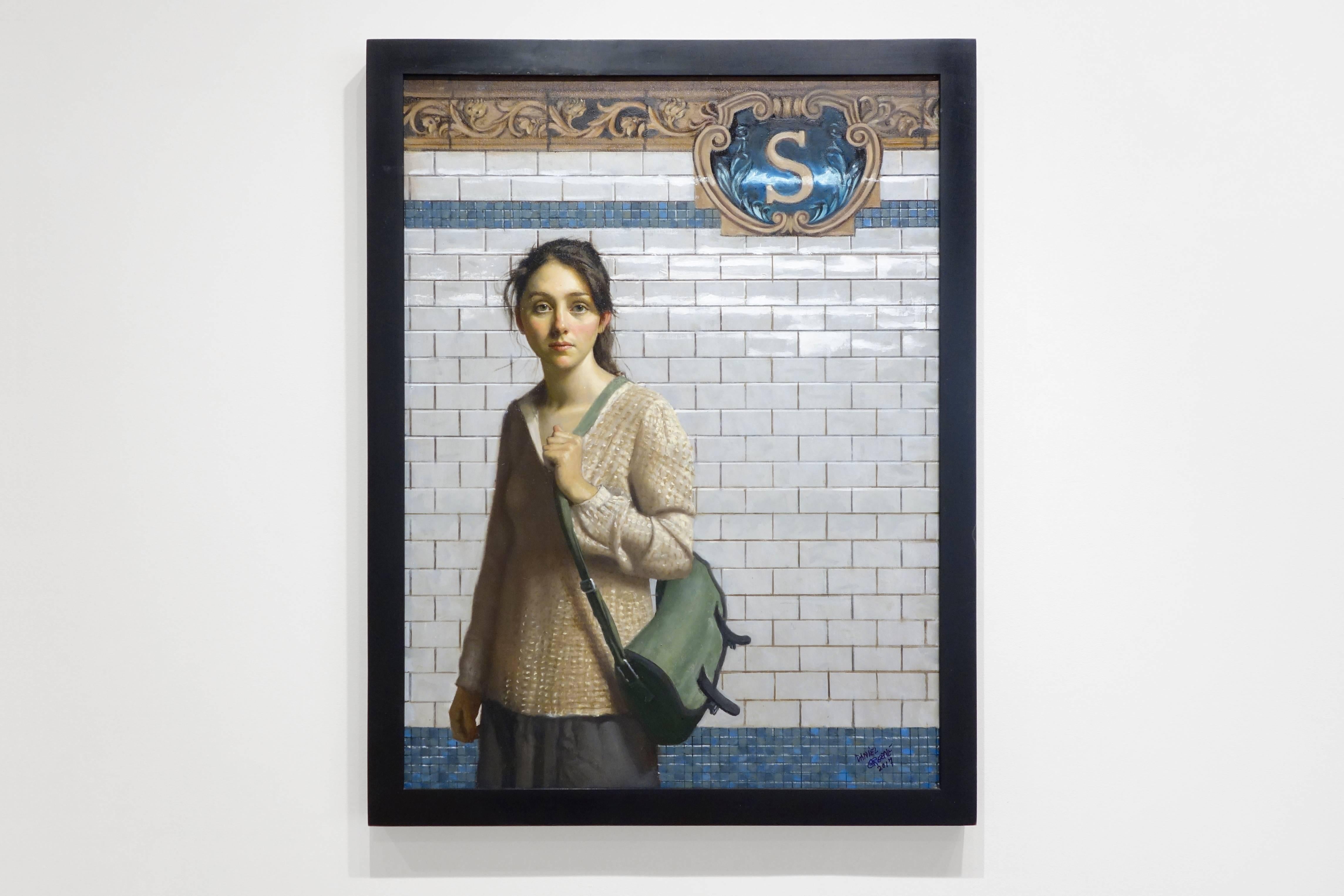 SOPHIE- SPRING ST., portrait of girl, subway station, new york city, hyper-real - Painting by Daniel Greene