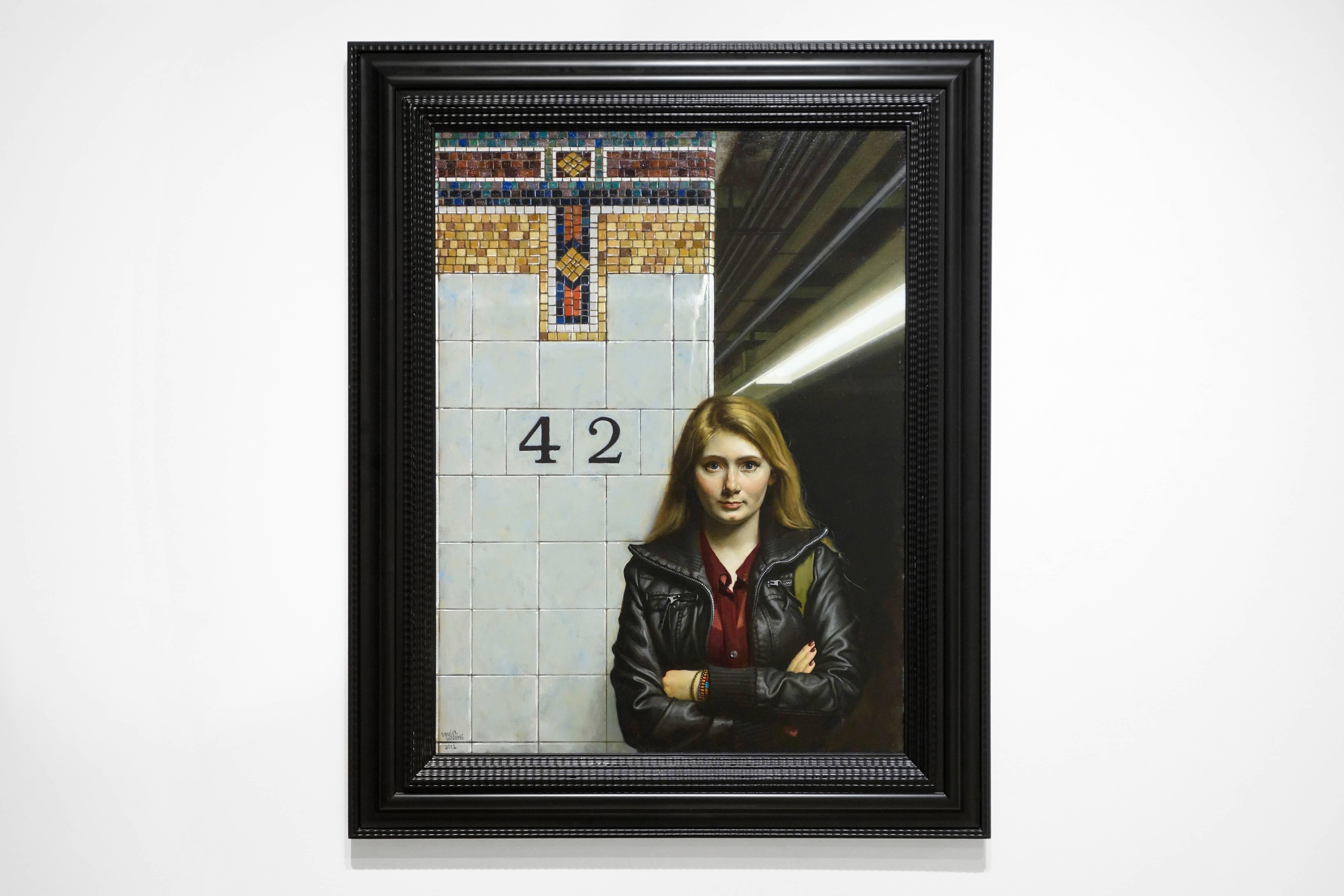 YOUNG GIRL - 42ND ST., hyper-realism, portrait of girl, blond hair, subway  - Painting by Daniel Greene