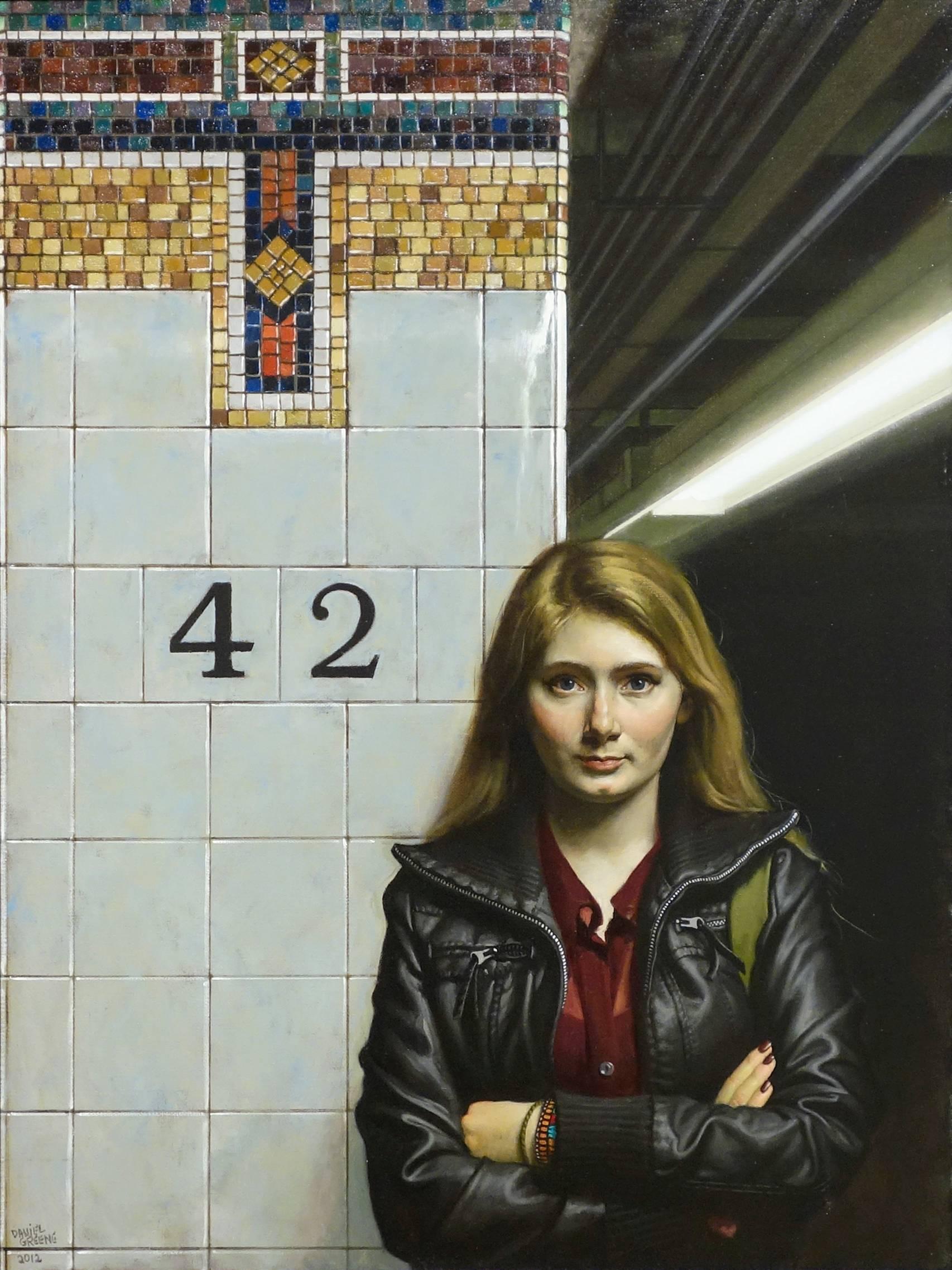 Daniel Greene Figurative Painting - YOUNG GIRL - 42ND ST., hyper-realism, portrait of girl, blond hair, subway 