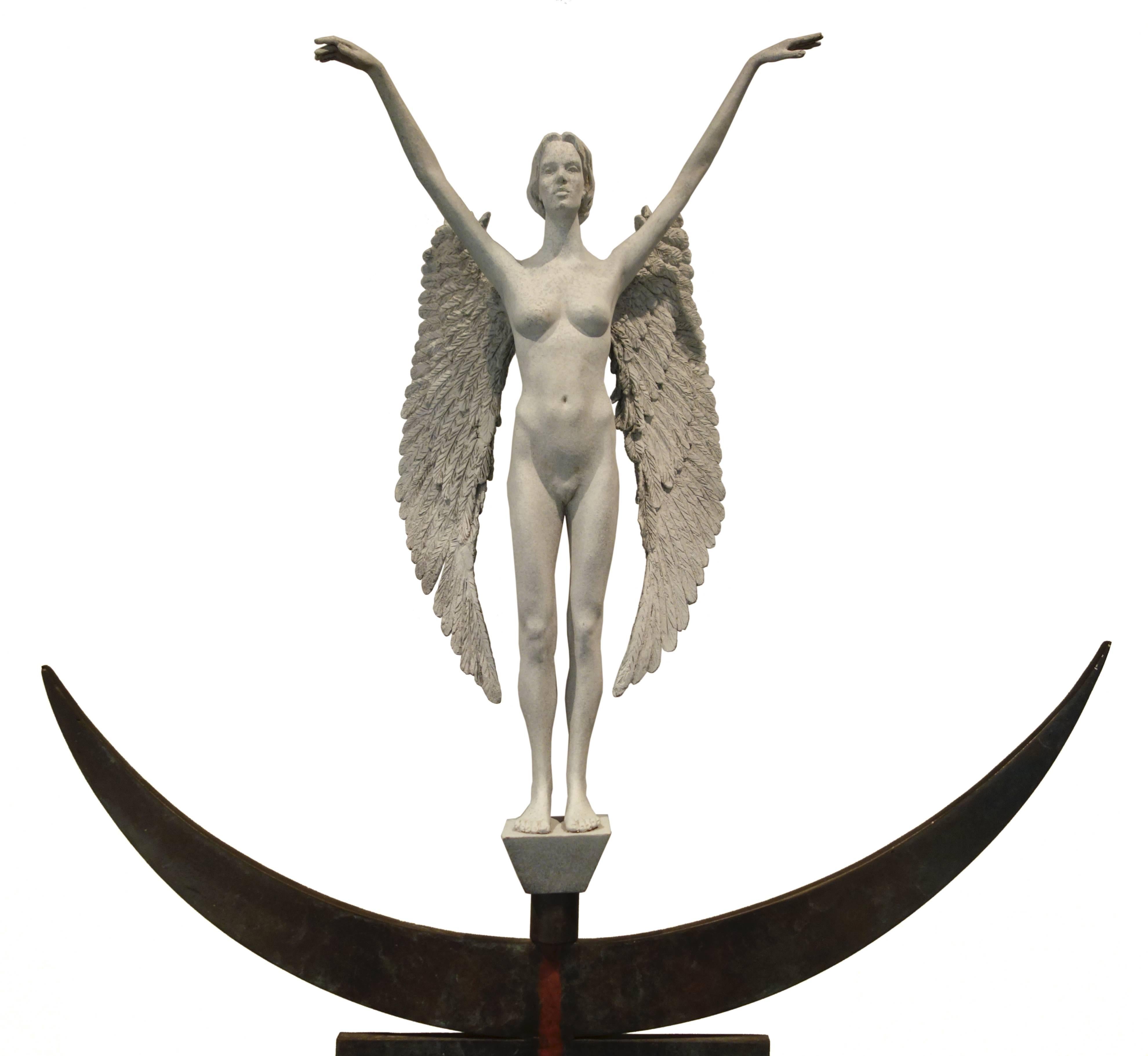 WINGED VICTORY (CRESCENT MOON), white idol on metal stand, sculpture with wings  - Sculpture by Don Gale