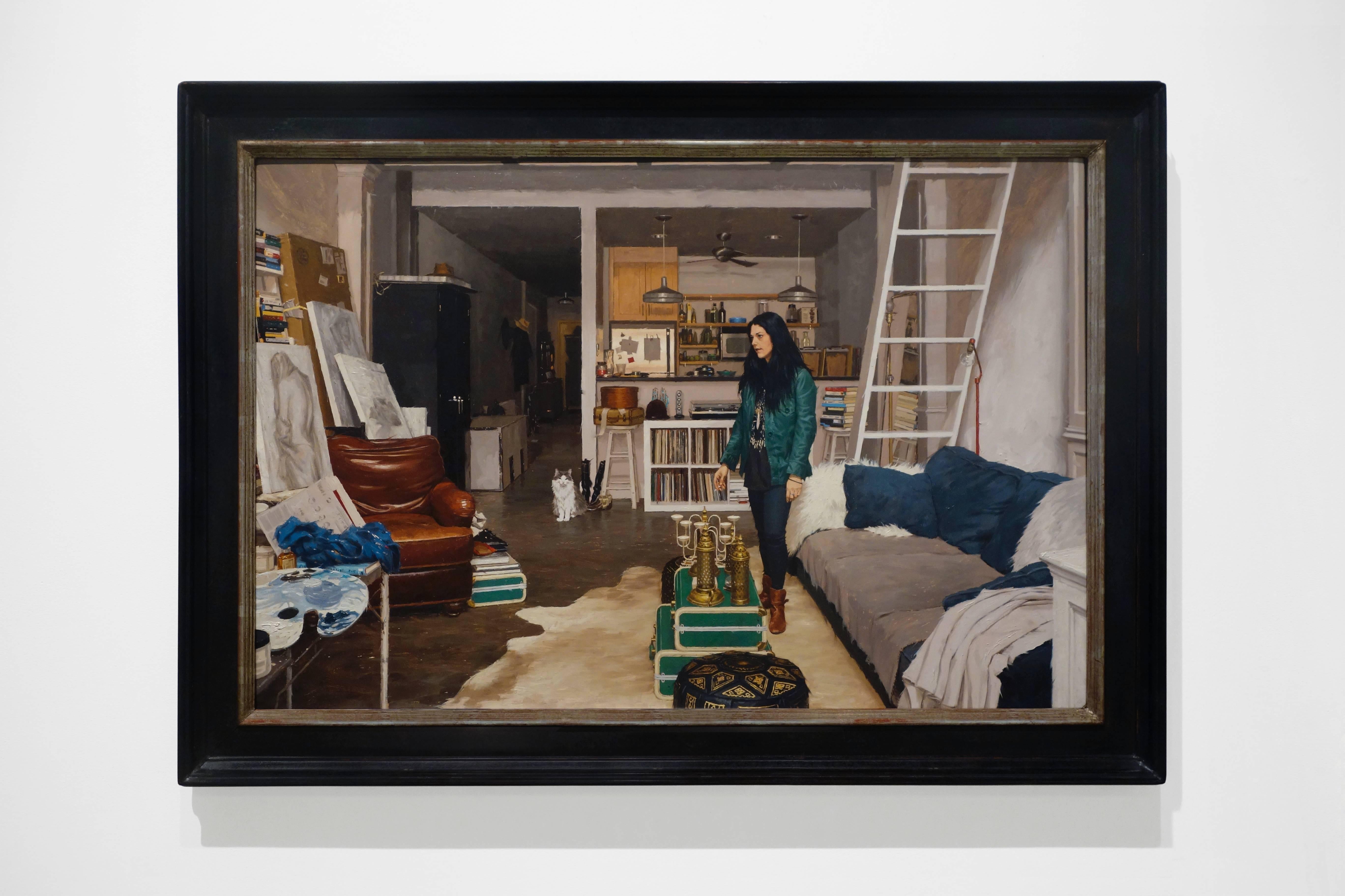JENNIFER IN HER STUDIO, woman standing, furnished room, hyper-realist, detailed - Painting by Vincent Giarrano