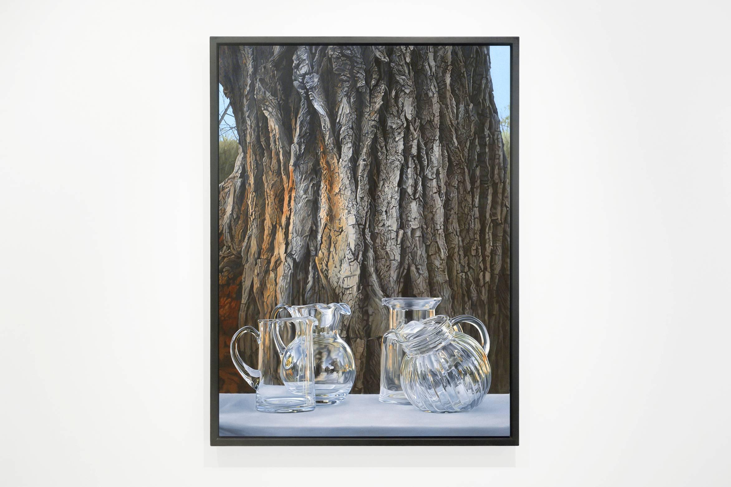 THE LAST TREE, glass on white-clothed table, photo-realism, bark, tree - Painting by Steve Smulka