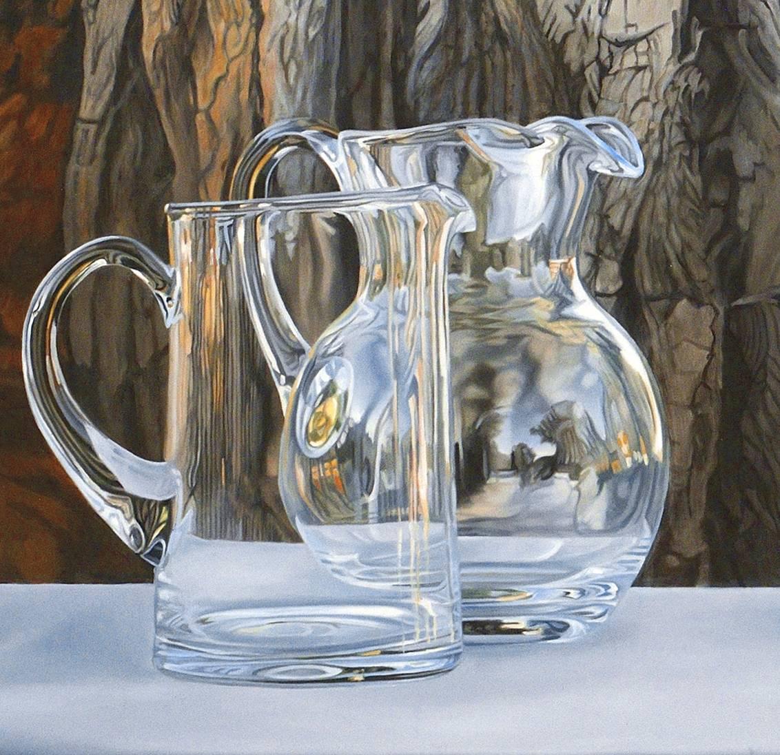 THE LAST TREE, glass on white-clothed table, photo-realism, bark, tree - Gray Still-Life Painting by Steve Smulka