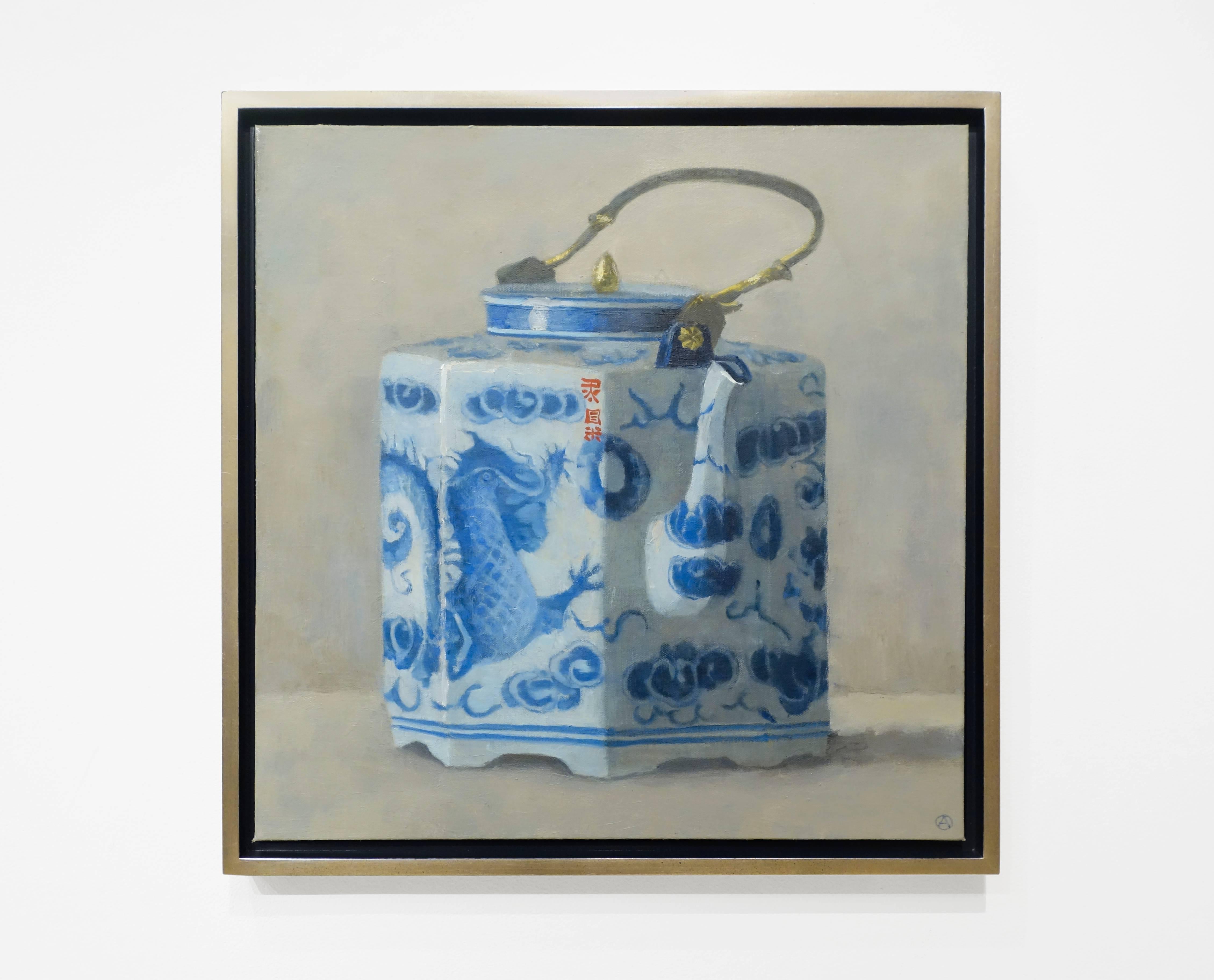 TEAPOT WITH DRAGON, white china, blue detail, teapot, still-life - Painting by Olga Antonova