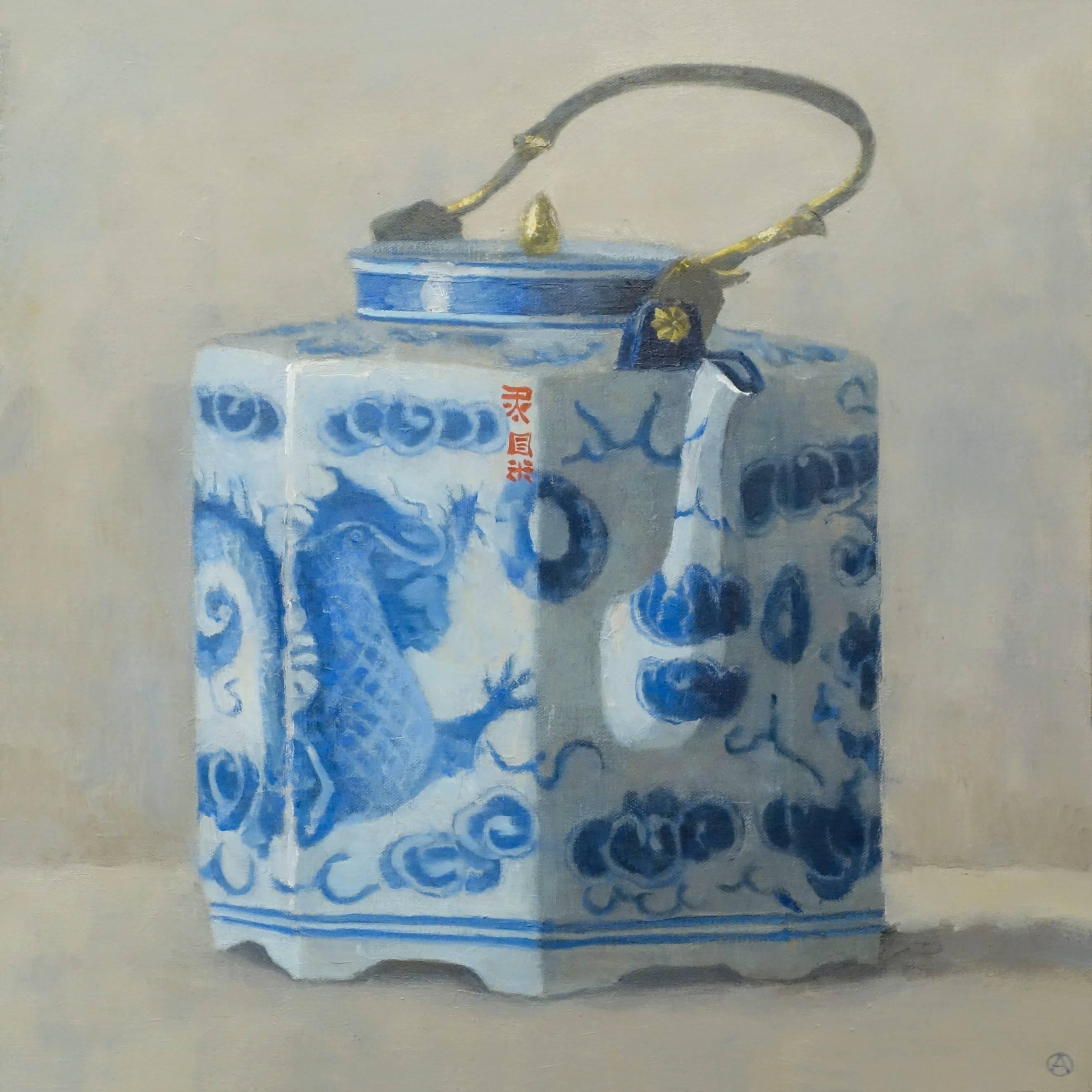 Olga Antonova Still-Life Painting - TEAPOT WITH DRAGON, white china, blue detail, teapot, still-life
