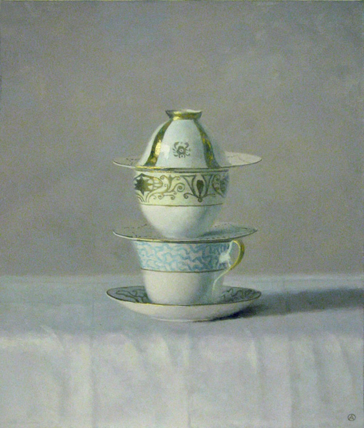 Olga Antonova Still-Life Painting - THE THREE, still-life, hyper-realism, cups, saucers, white, gold