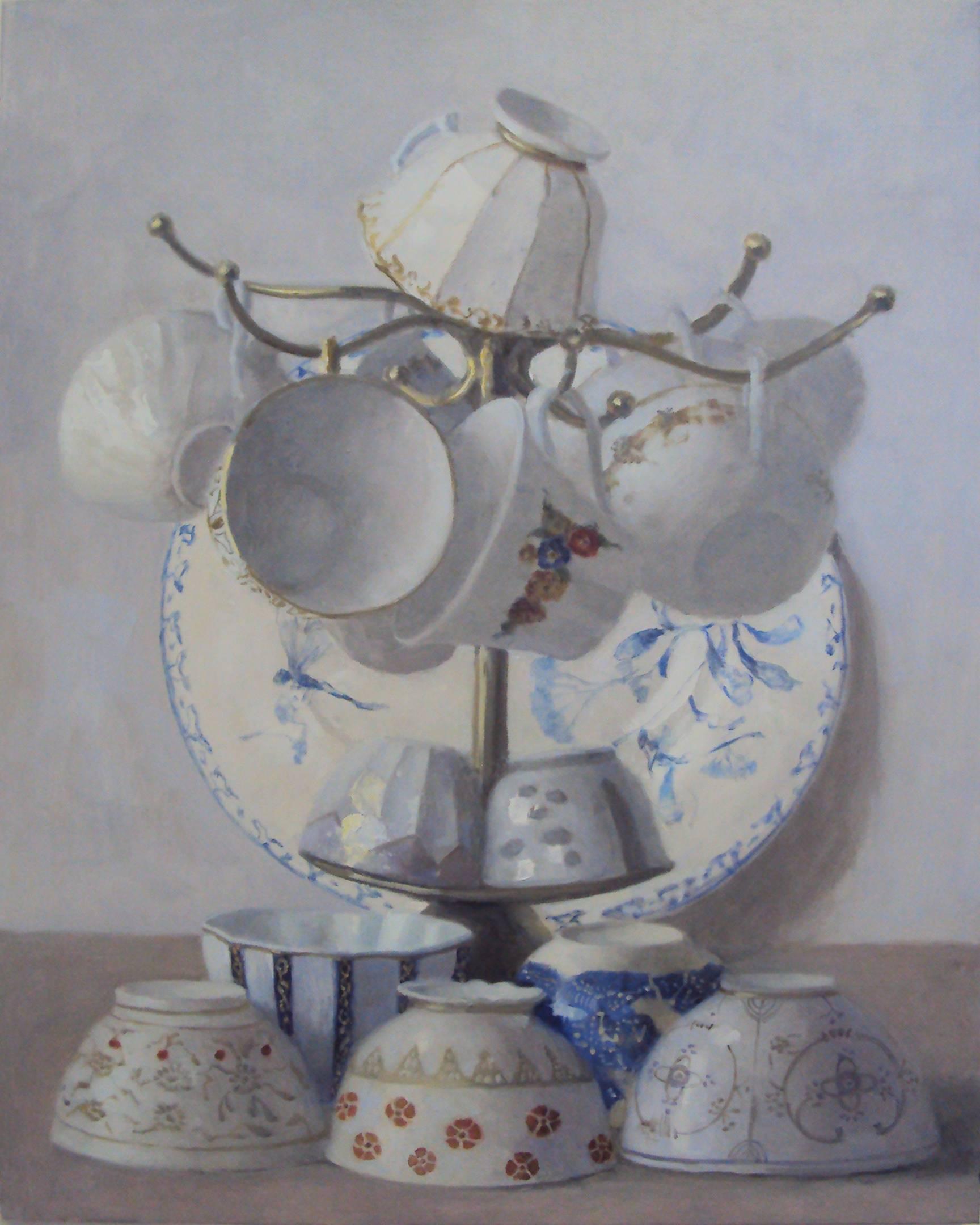 Olga Antonova Still-Life Painting - OVERFLOWING CUPS, still-life, plates, cups, cups hanging, blue trim, white