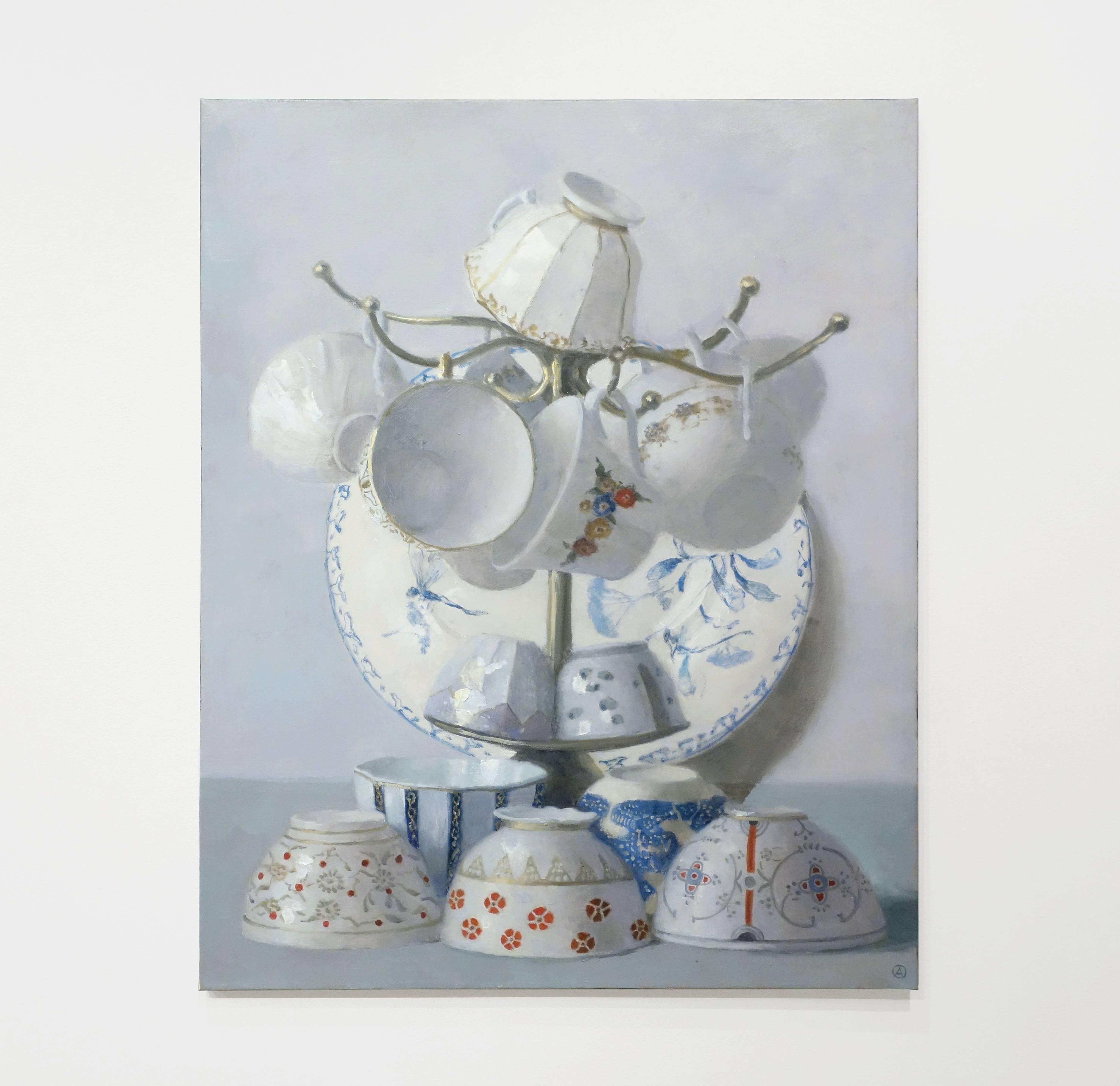OVERFLOWING CUPS, still-life, plates, cups, cups hanging, blue trim, white - Painting by Olga Antonova