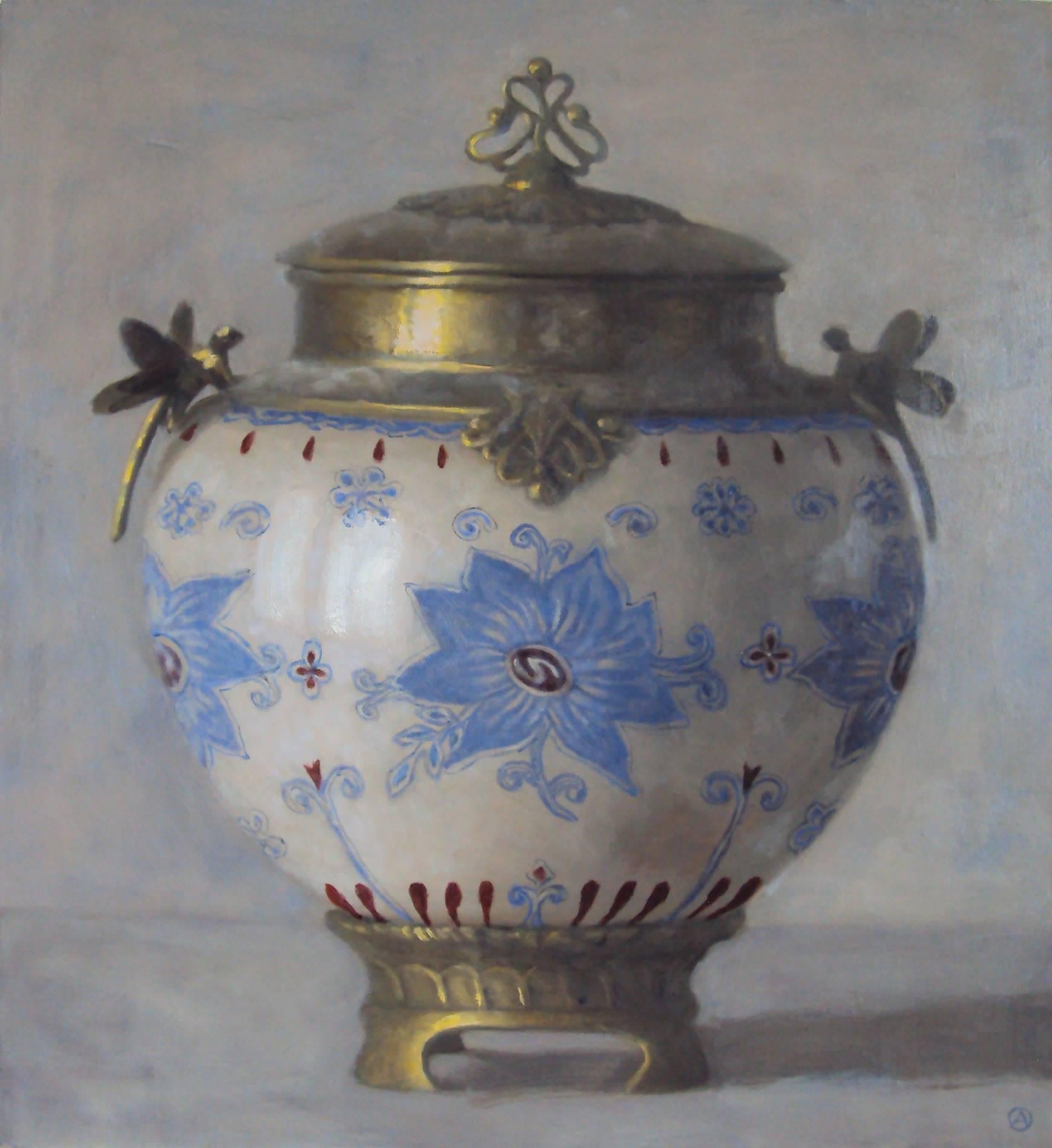 Olga Antonova Still-Life Painting - URN WITH BLUE FLOWER MOTIF, china with blue detail, gold edging, still-life
