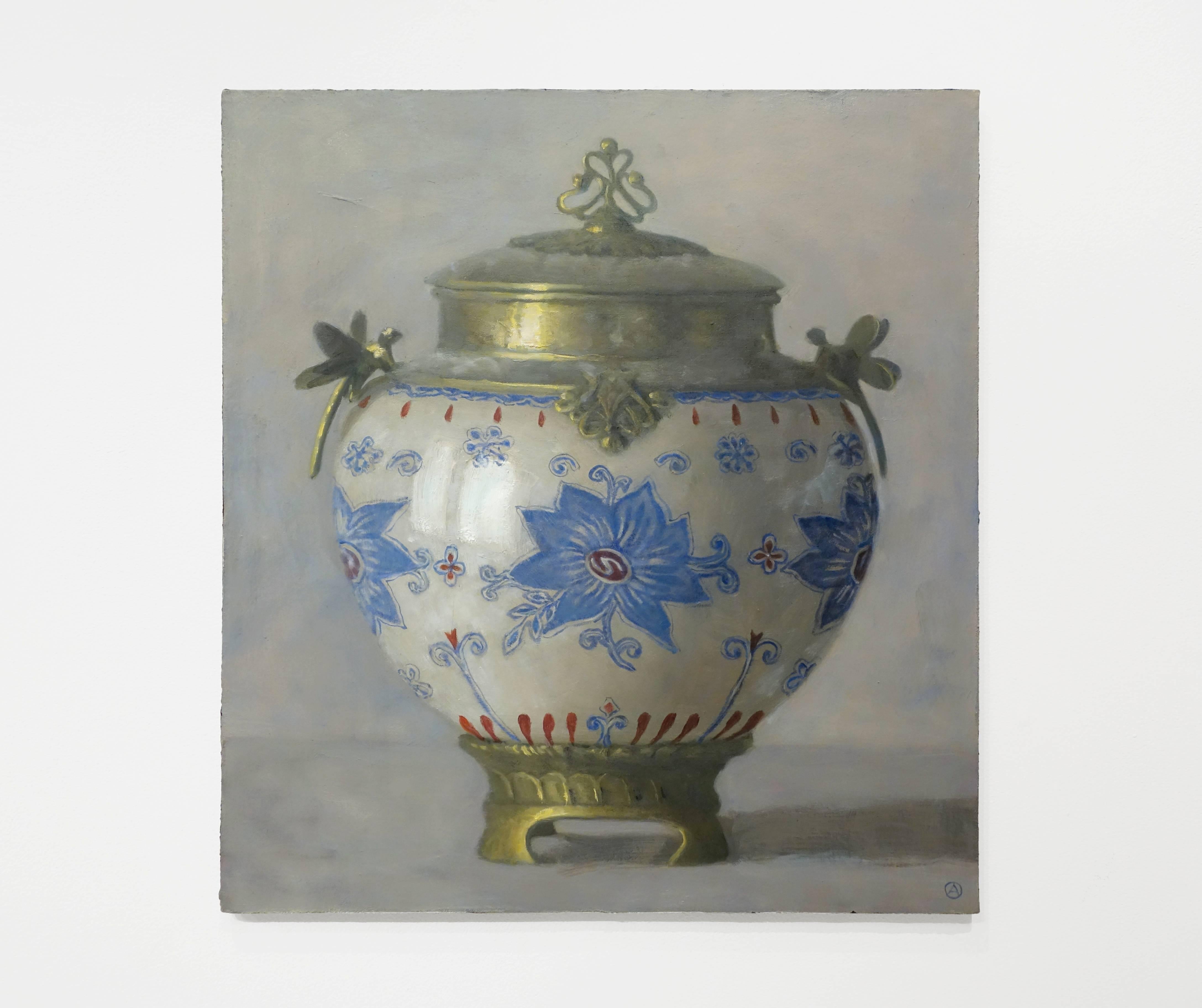 URN WITH BLUE FLOWER MOTIF, china with blue detail, gold edging, still-life - Painting by Olga Antonova