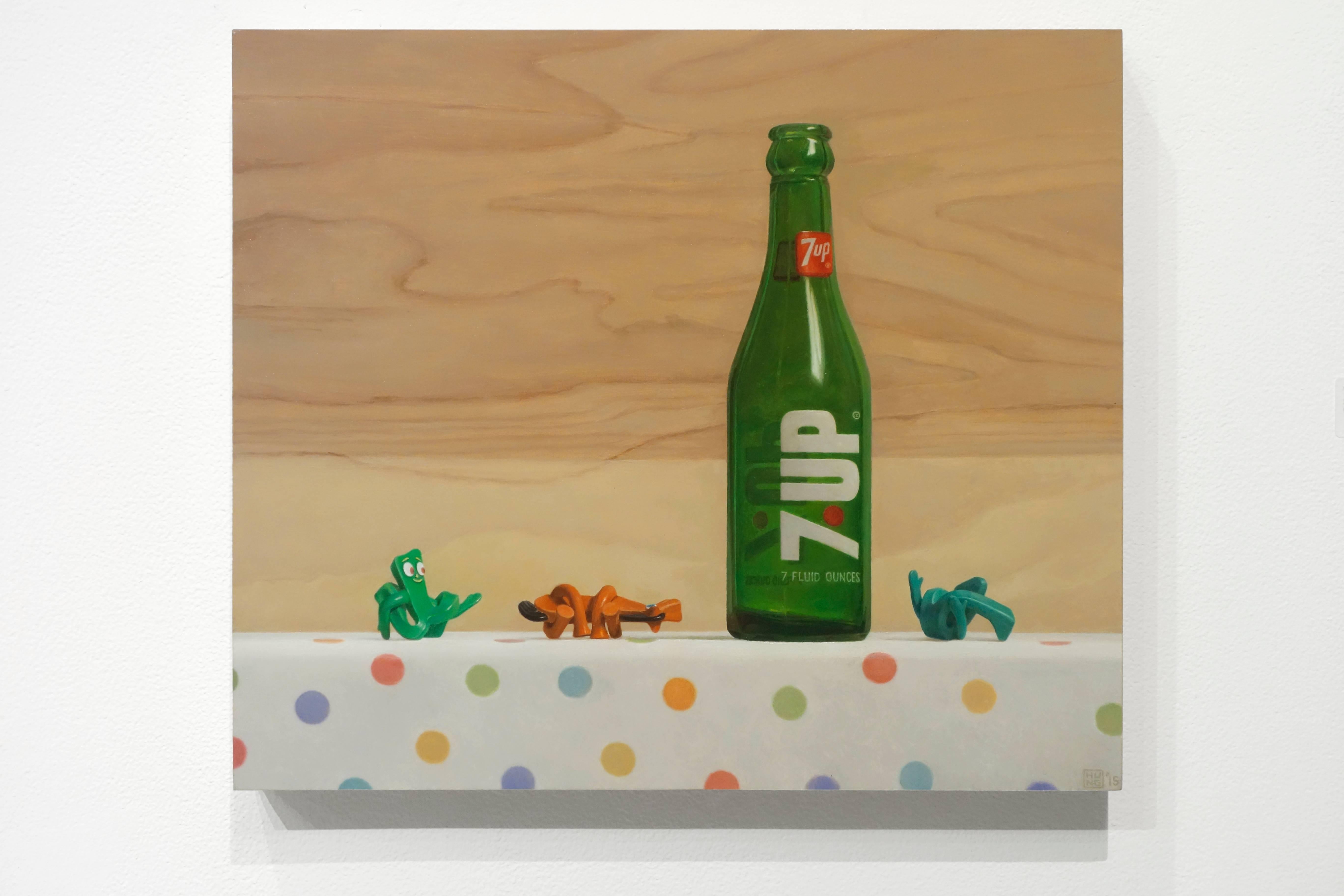 7-UP & PRETZELS, playful patterns, toys, soda bottles, still-life, photo-realism - Painting by Samuel Hung