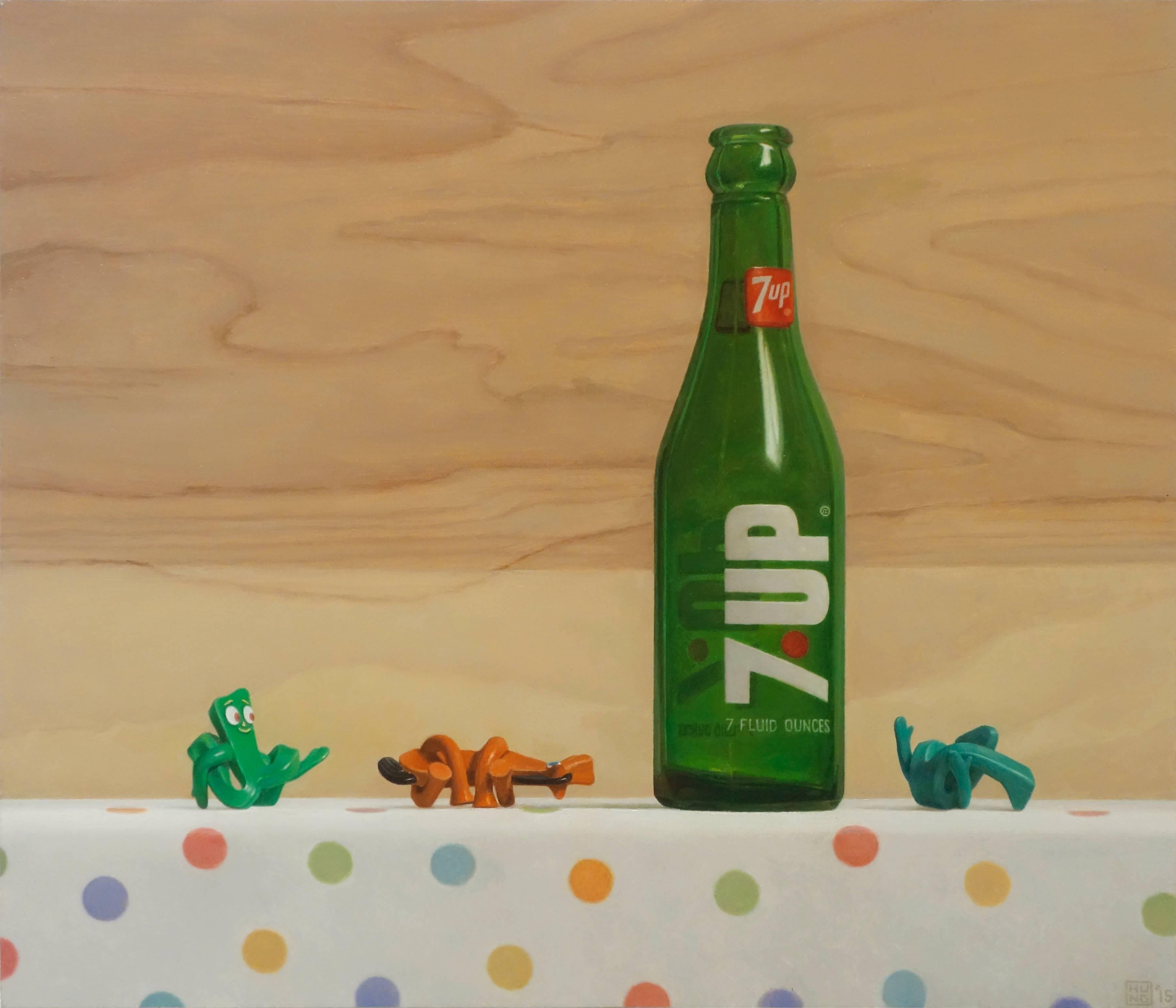 Samuel Hung Still-Life Painting - 7-UP & PRETZELS, playful patterns, toys, soda bottles, still-life, photo-realism