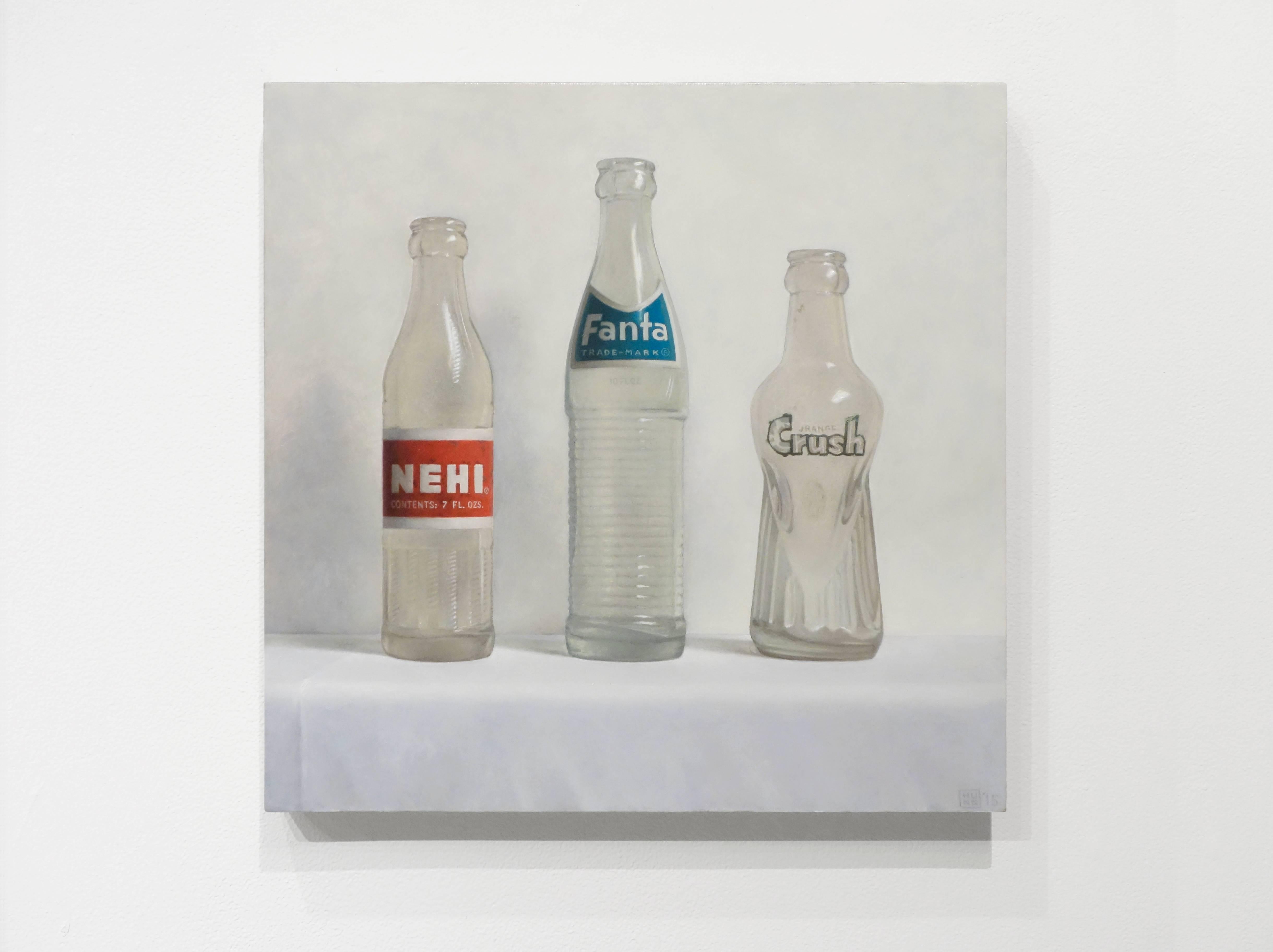 WINNERS PODIUM, photo-realism, still-life, old school soda bottles - Painting by Samuel Hung