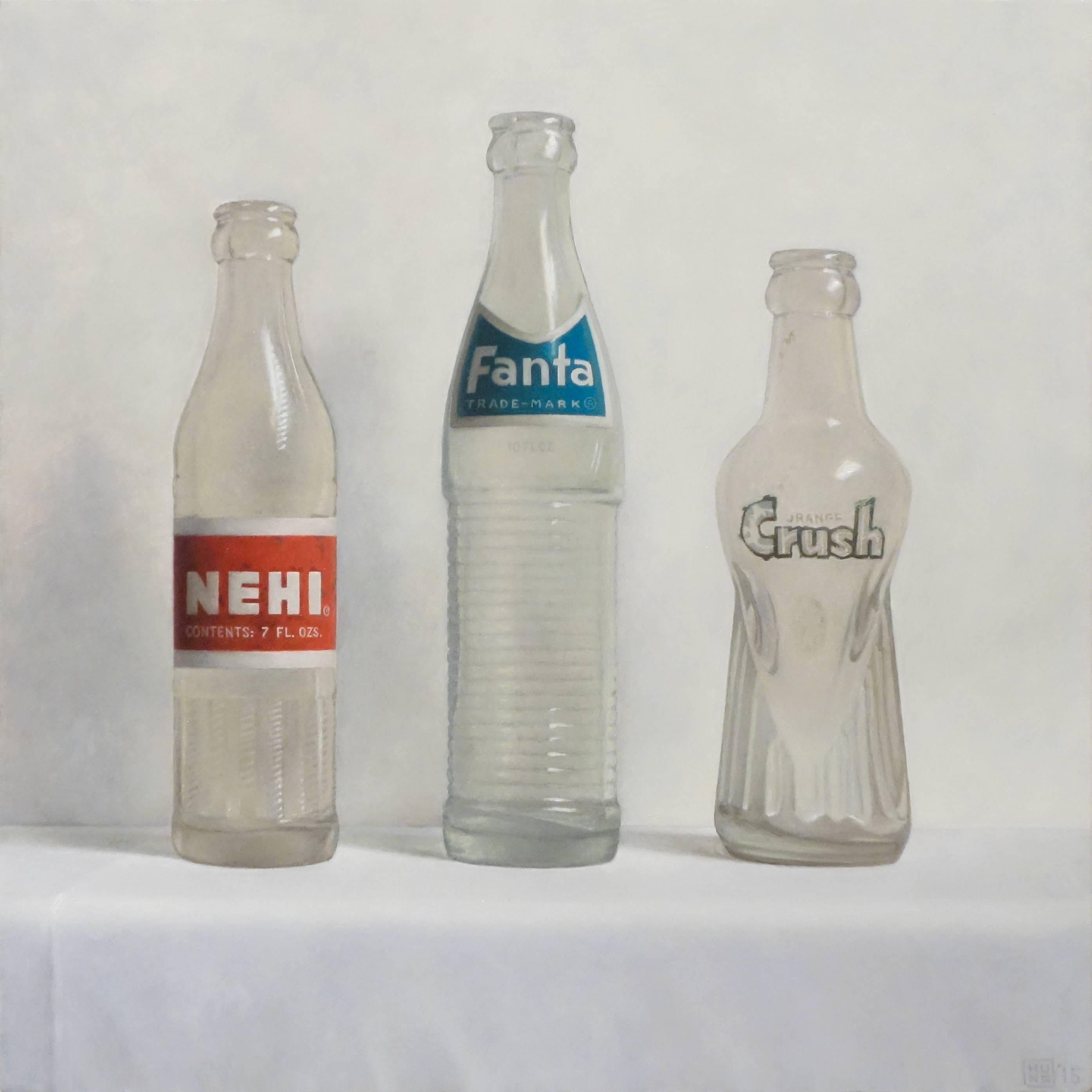 Samuel Hung Still-Life Painting - WINNERS PODIUM, photo-realism, still-life, old school soda bottles