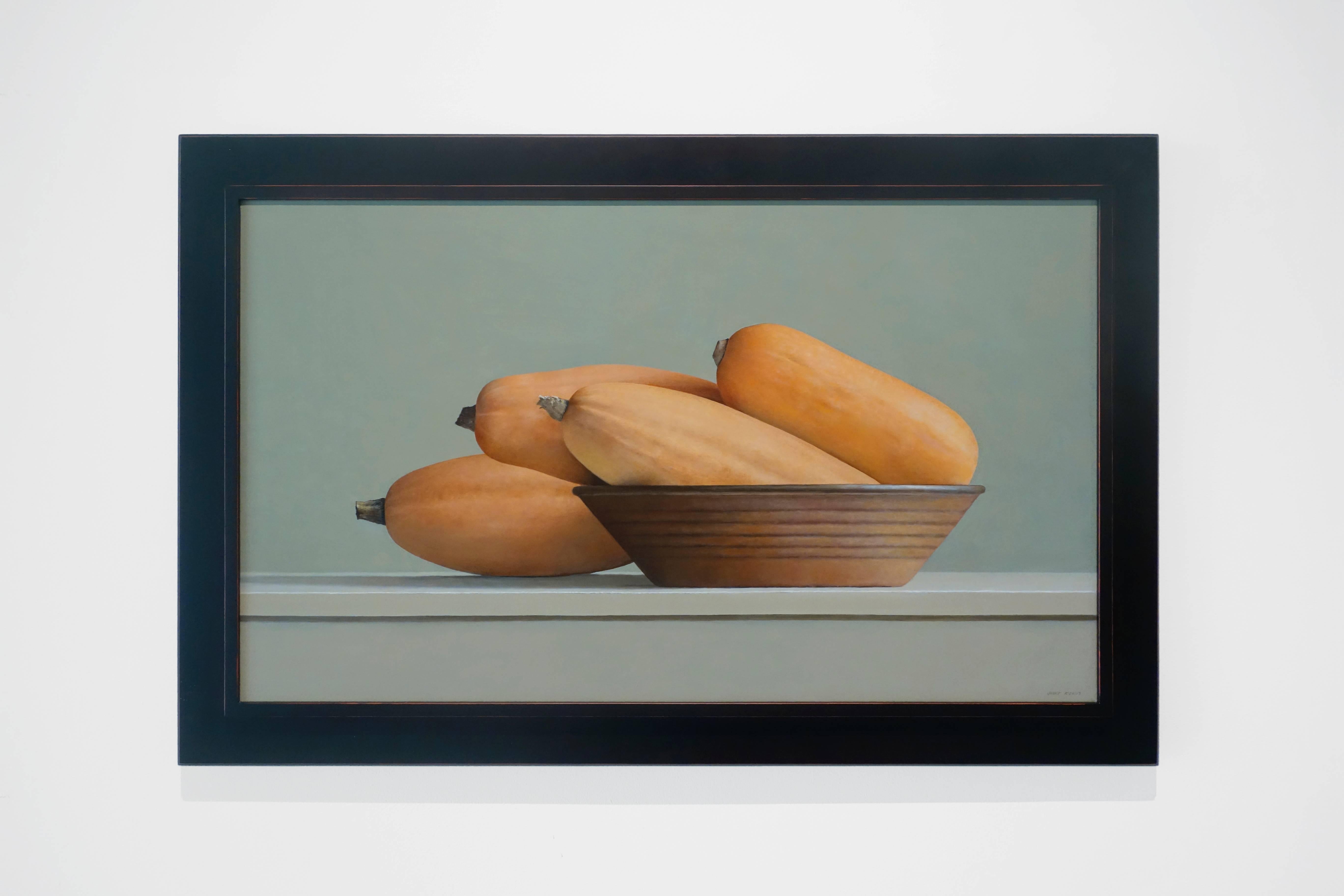 BANANA SQUASH AND BROWN BOWL, orange, brown, white background, still-life - Painting by Janet Rickus