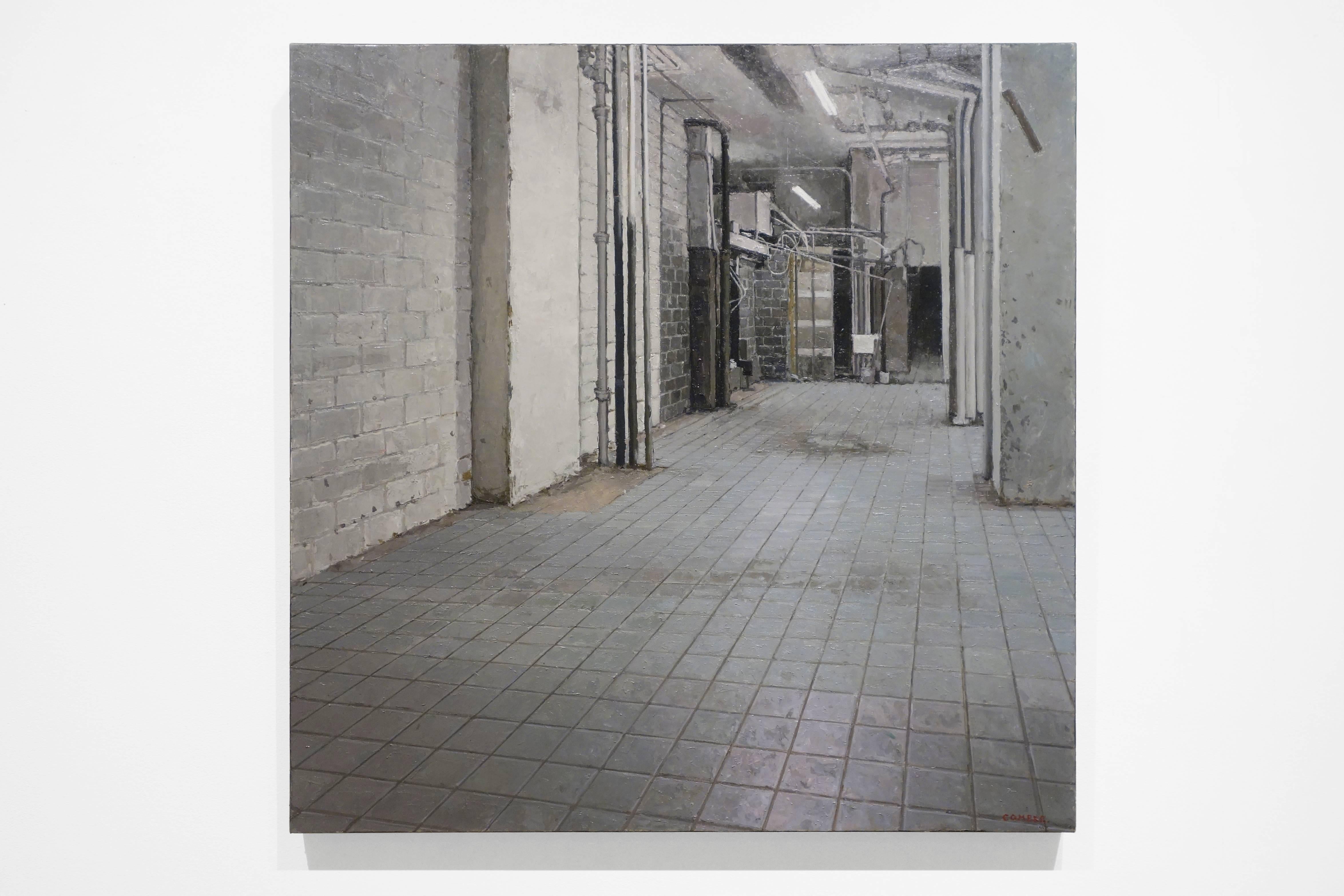D'INTÉRIEUR VOIDÉ, photoréalisme, pièce vide, carreaux gris, murs blancs, bâtiment - Painting de Richard Combes