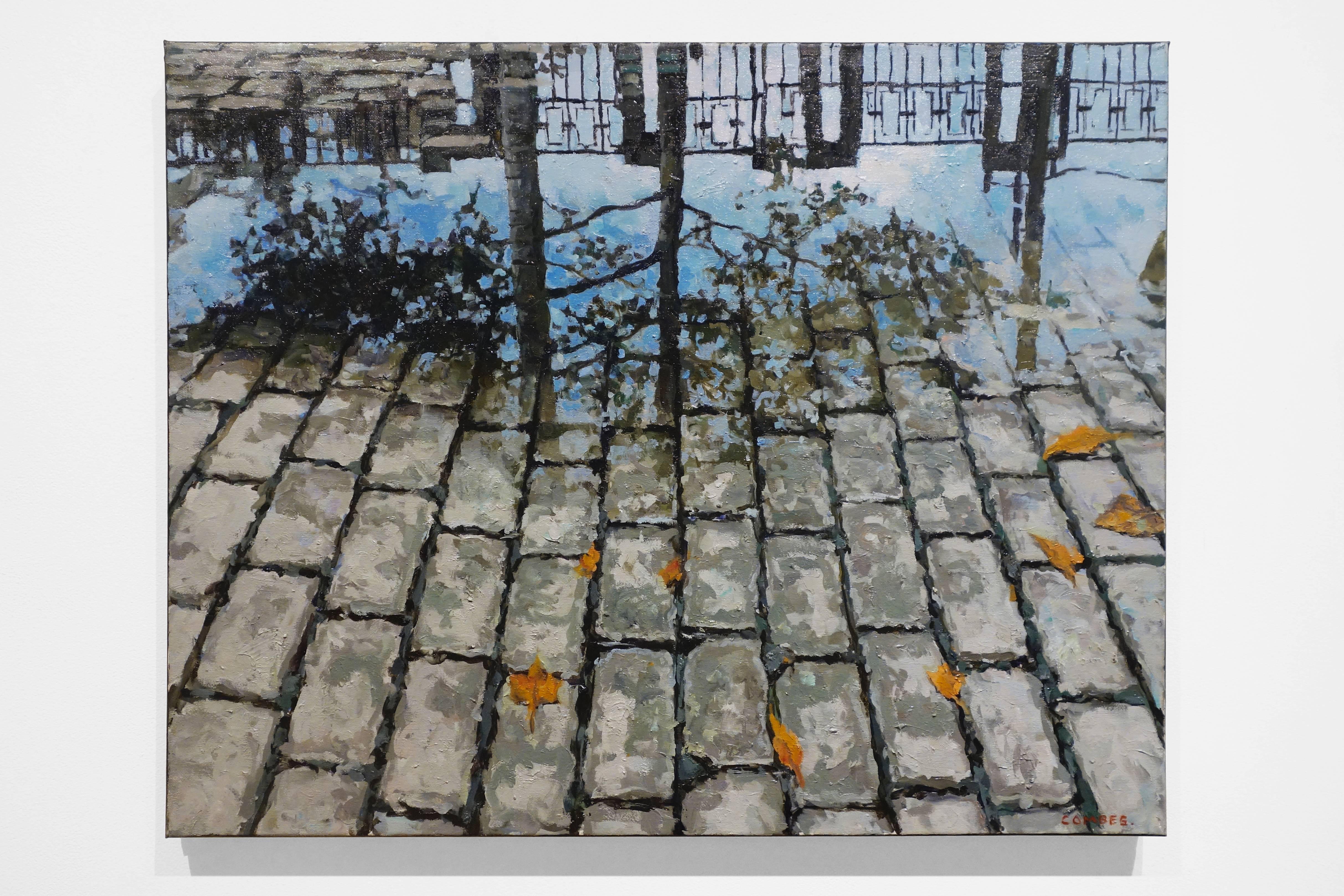 REFLECTED RAILING - Puddle on Cobblestone / Hyper-realism / Reflection in water - Painting by Richard Combes