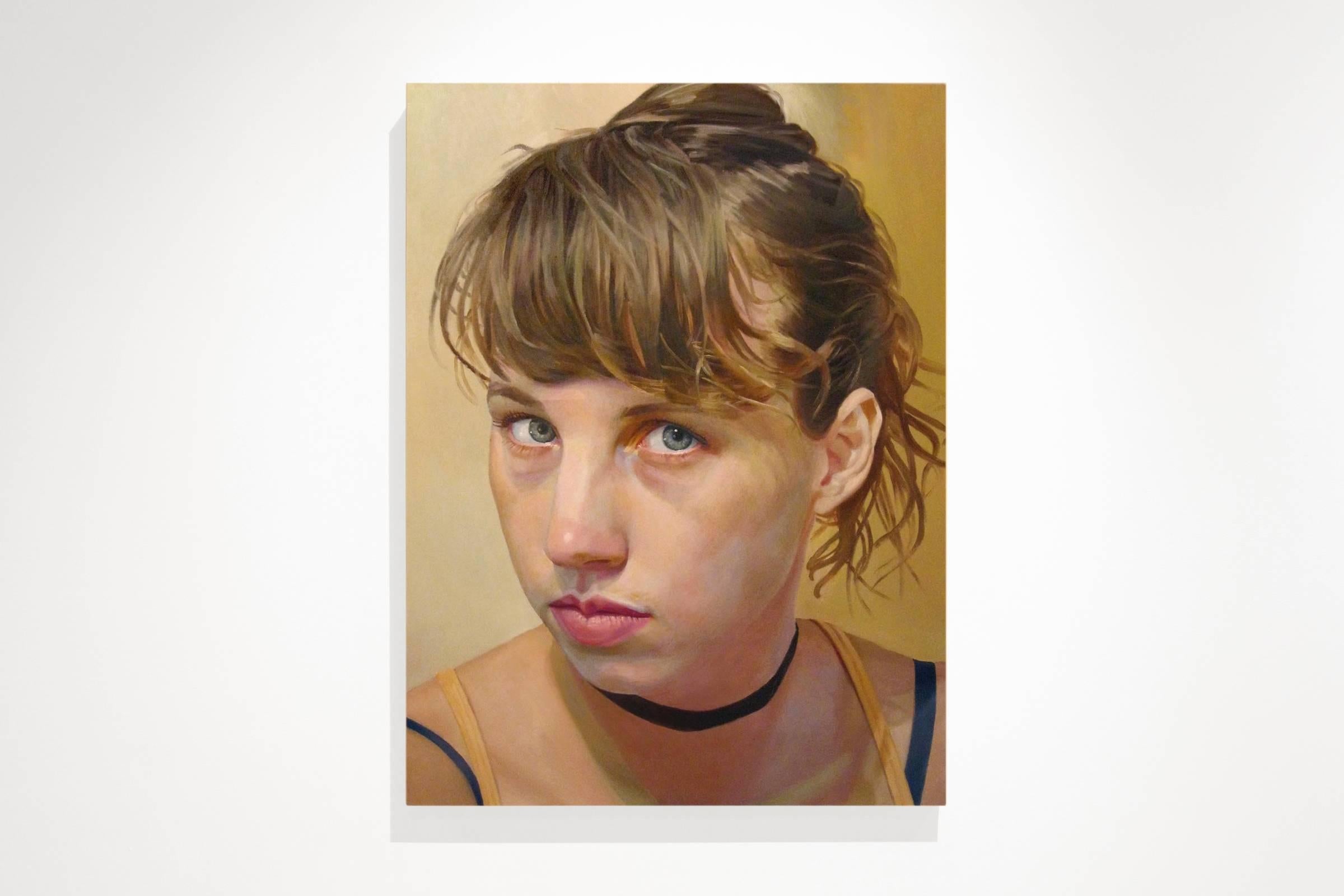 CATHERINE 3, hyper-realism, portrait, blue eyes, woman staring, pony tail - Painting by Stephen Wright