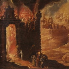 Lot und seine Töchter, Sodom im Feuer – antikes Gemälde, Öl auf Leinwand, Landschaft, 17. Jahrhundert