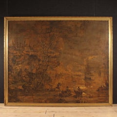 Great 18th-century oil painting on canvas: seascape, harbor view, sailing ships